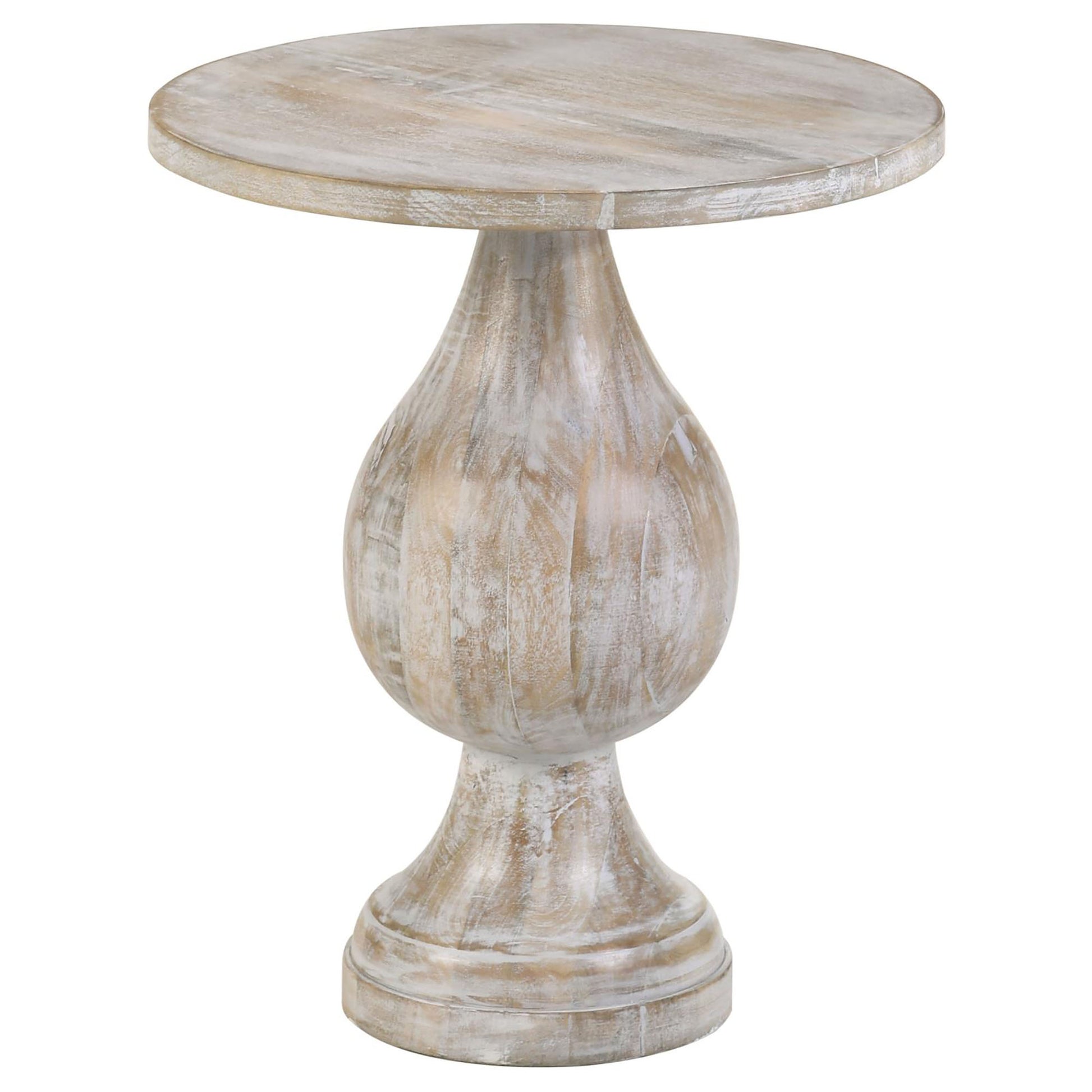 Distressed wood pedestal accent table with round top