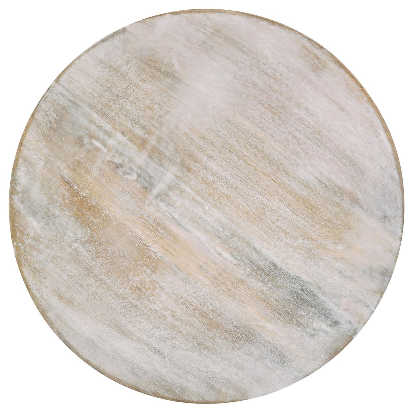 Round whitewashed wood tabletop with visible grain patterns
