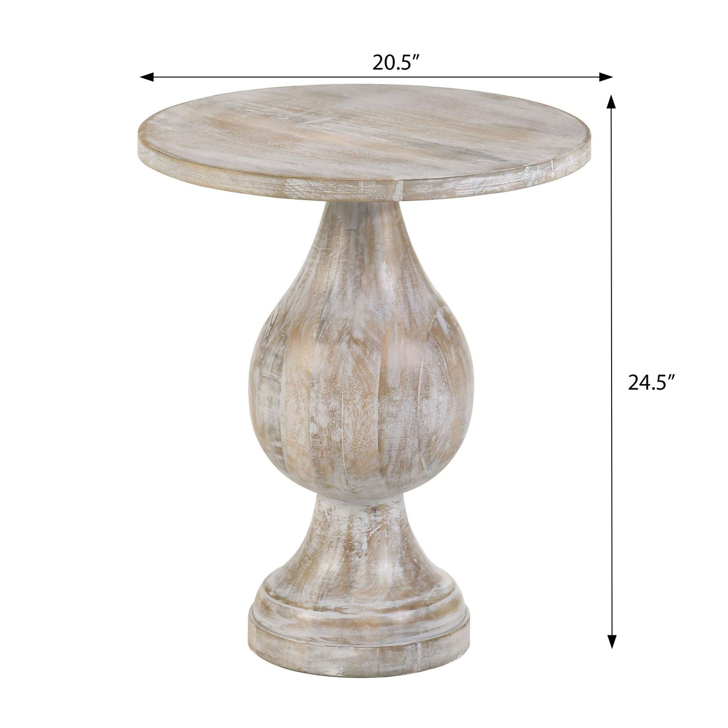 Rustic white washed wood round side table with turned pedestal base