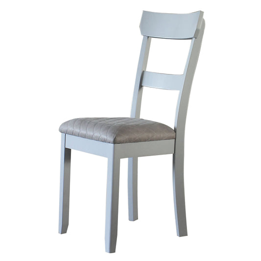 Pale grey wooden dining chair with a quilted grey upholstered seat ideal for modern kitchens