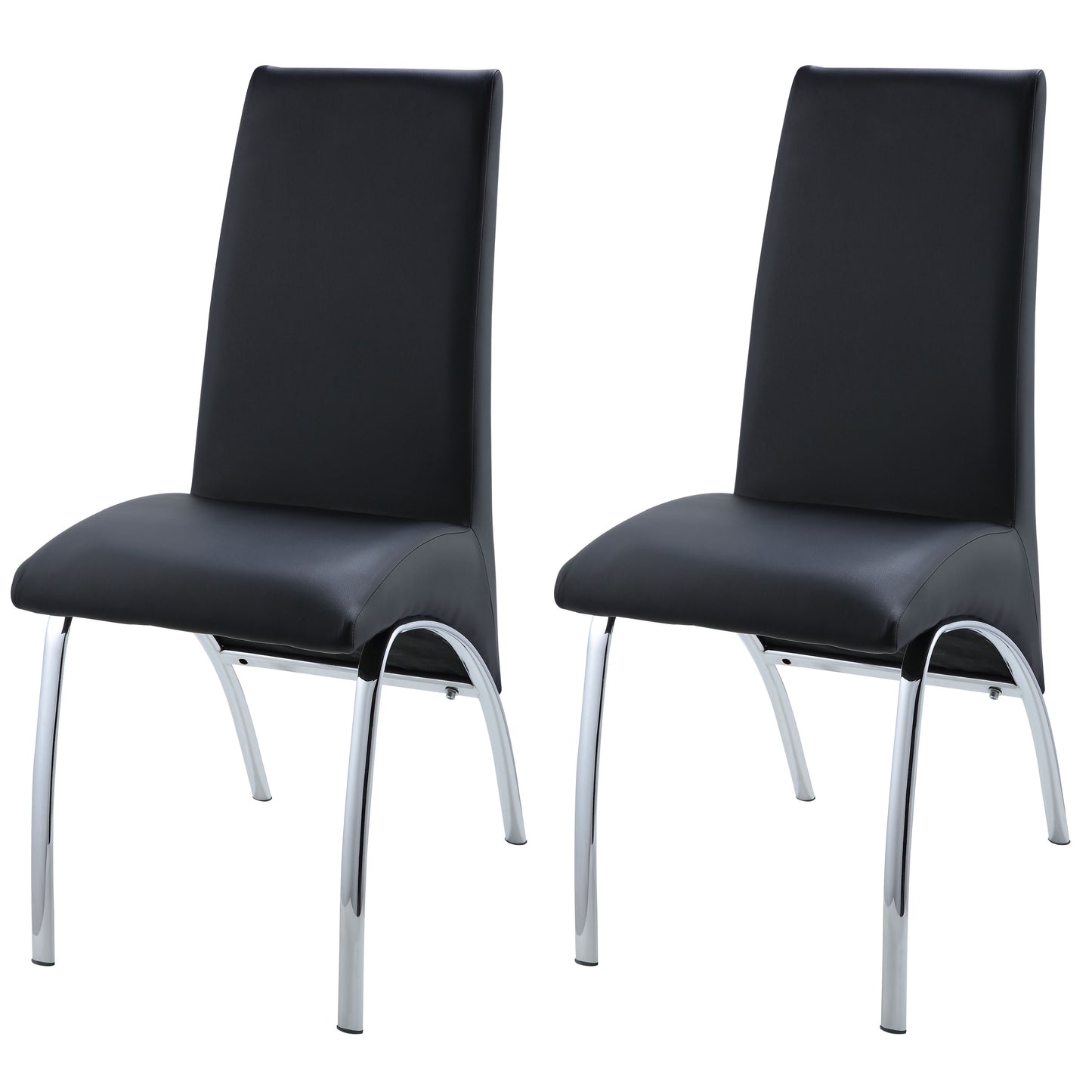 Two black faux leather dining chairs with polished chrome legs