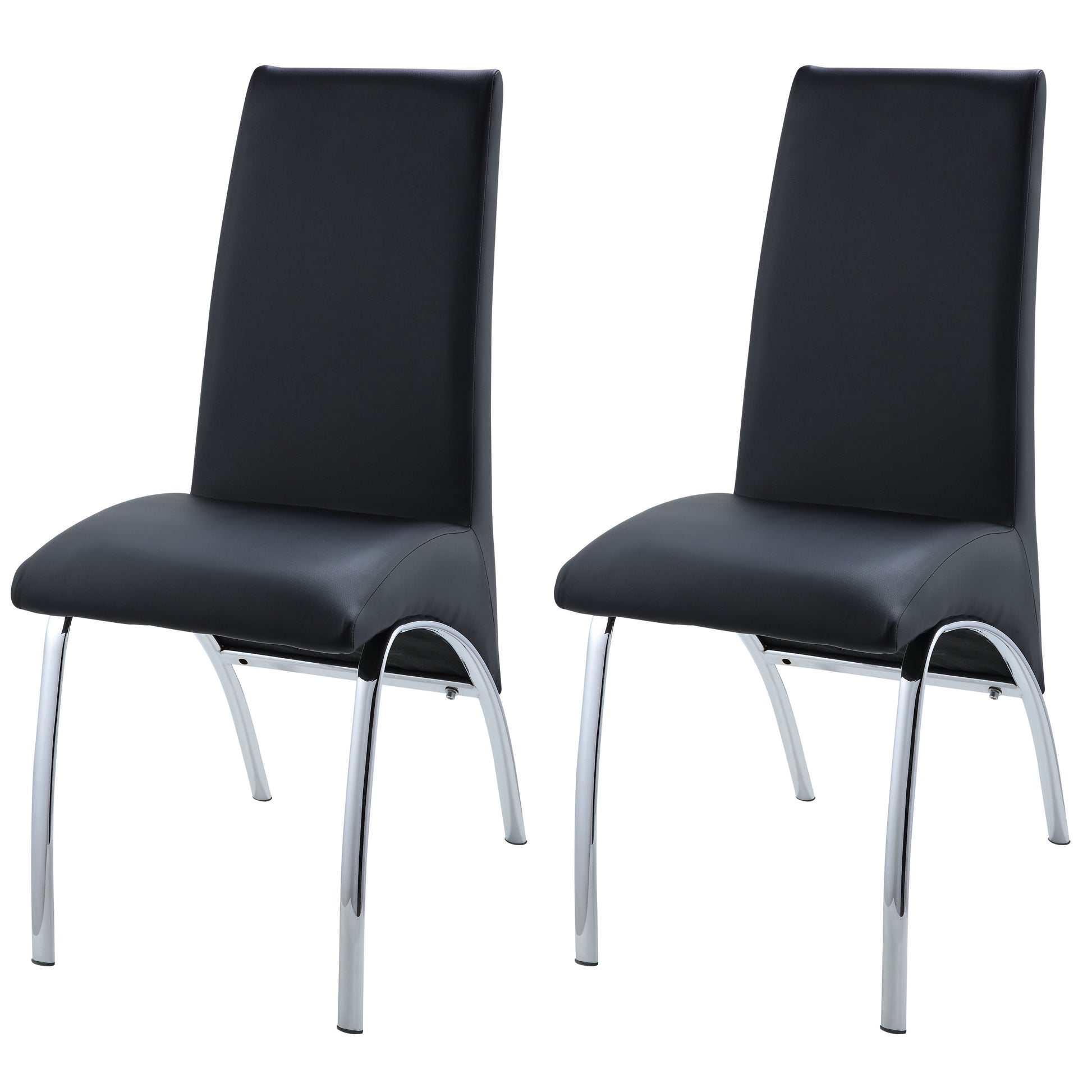 Two black faux leather dining chairs with polished chrome legs