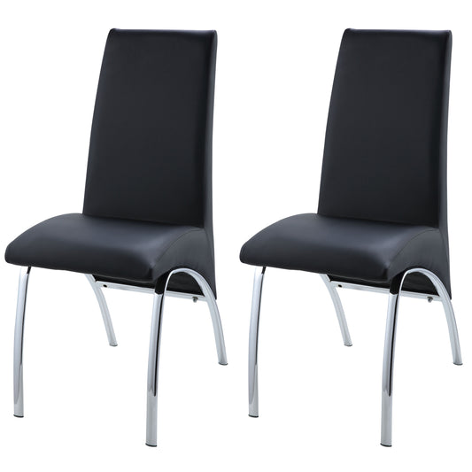 Two black faux leather dining chairs with polished chrome legs