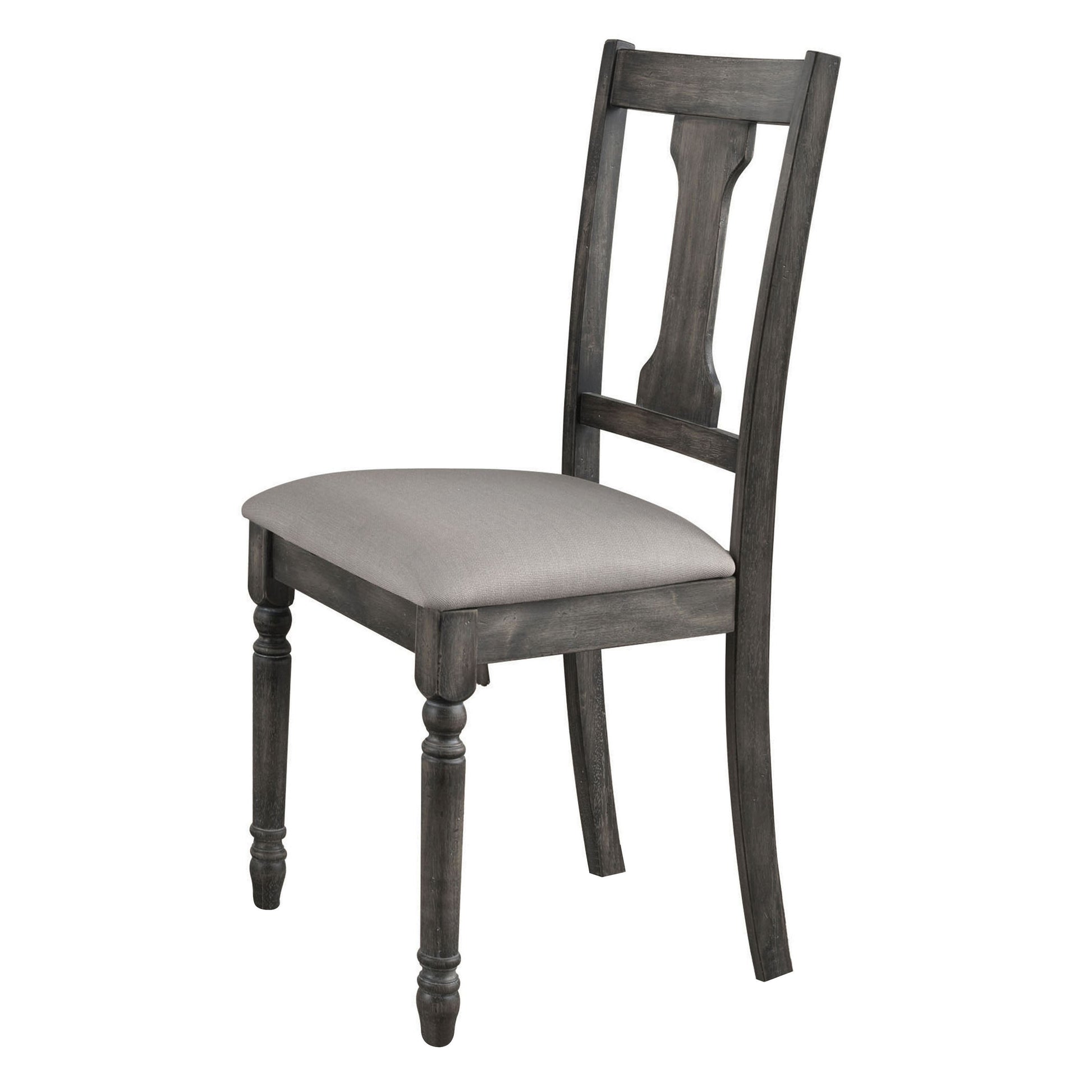 Distressed charcoal gray upholstered dining chair with turned front legs and carved back splat