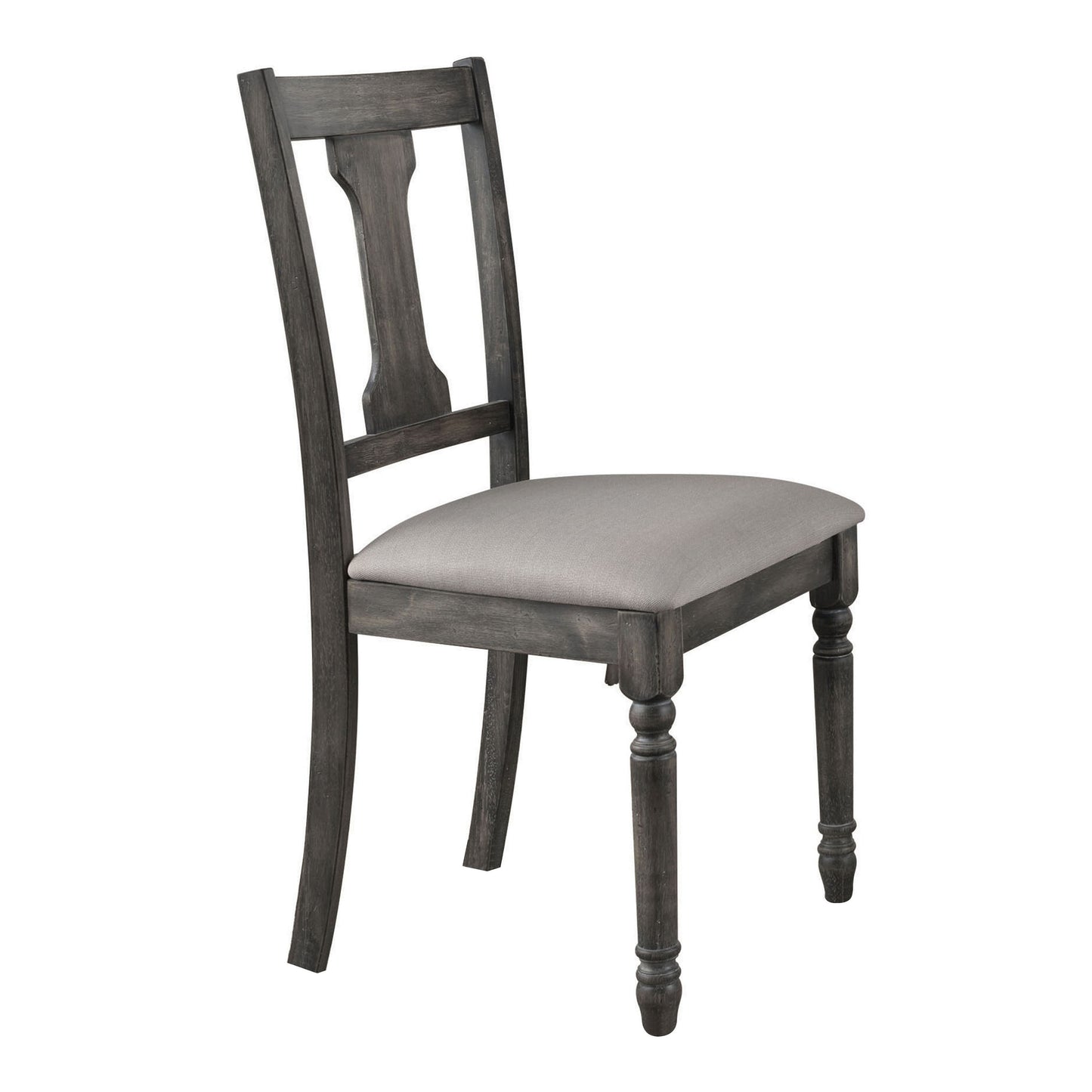 Rustic dark gray wood dining chair with upholstered gray seat and turned legs