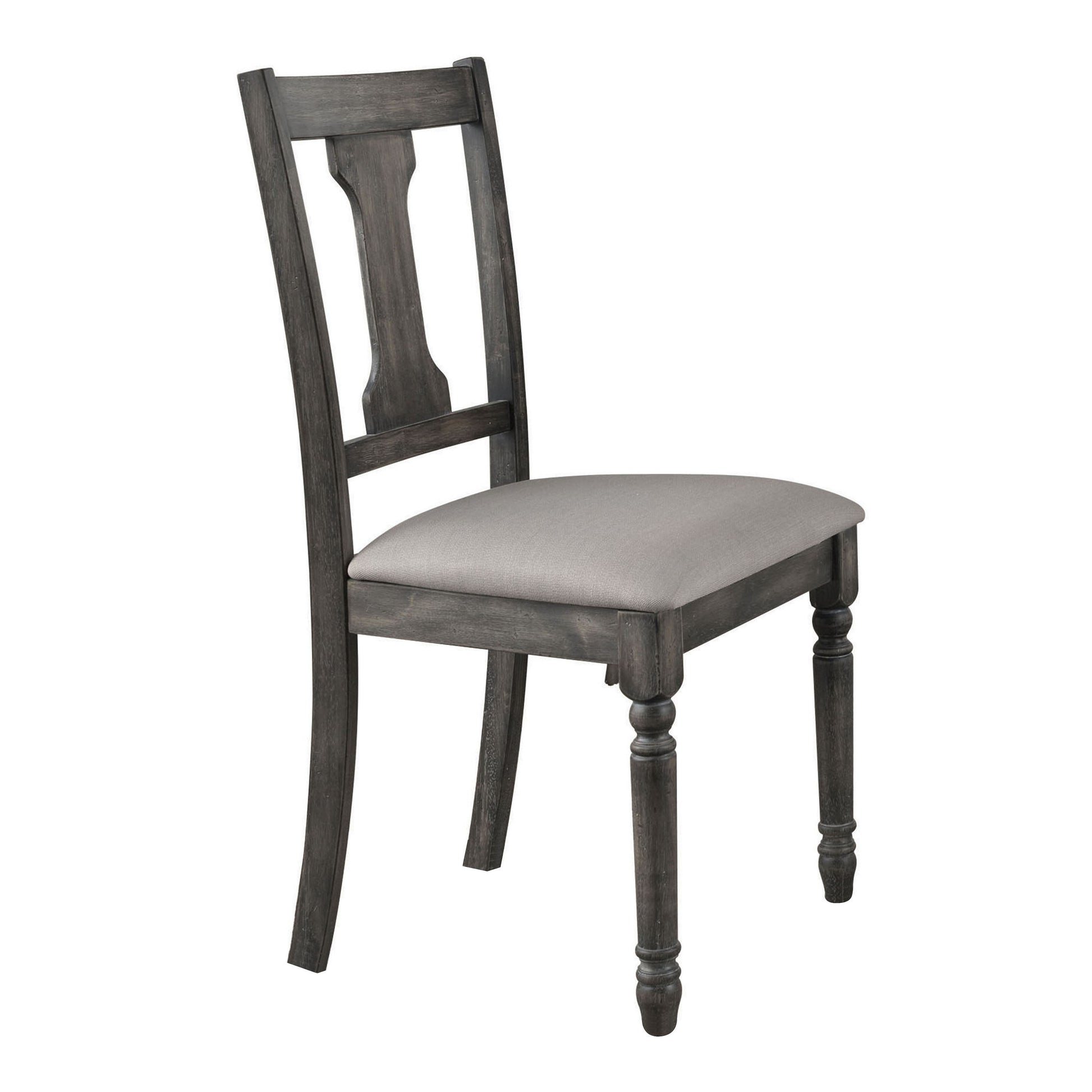 Rustic dark gray wood dining chair with upholstered gray seat and turned legs