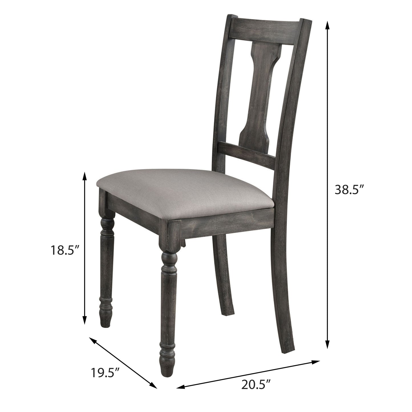 Dark gray wooden dining chair with upholstered seat and decorative back
