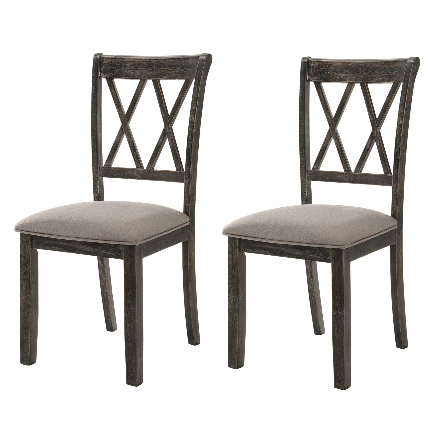 Pair of distressed charcoal wood dining chairs with grey upholstered seats