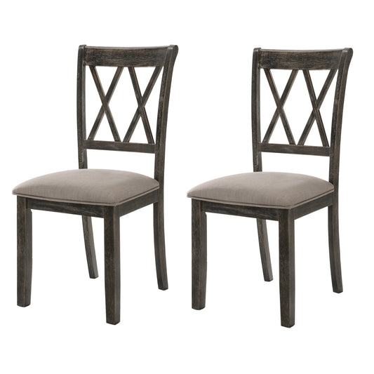 Pair of distressed charcoal wood dining chairs with grey upholstered seats
