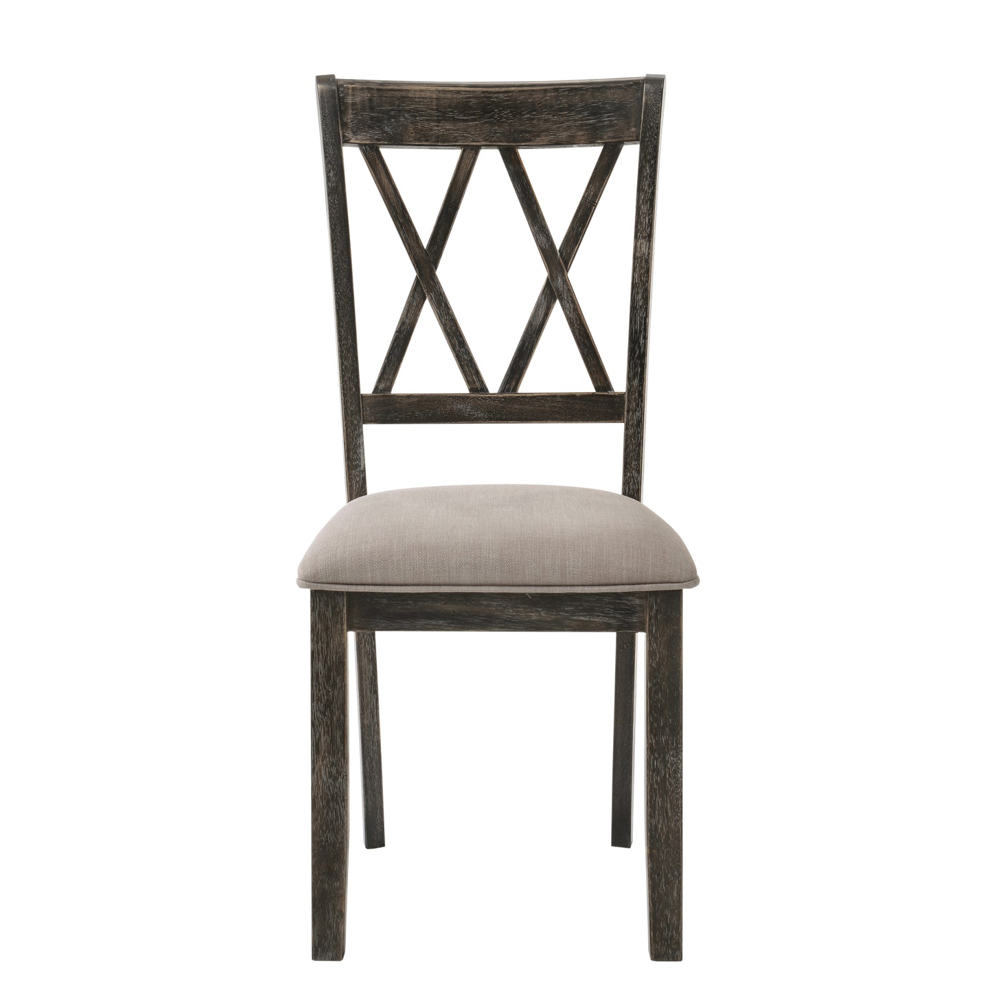 Distressed dark wood dining chair with upholstered seat and Xback design