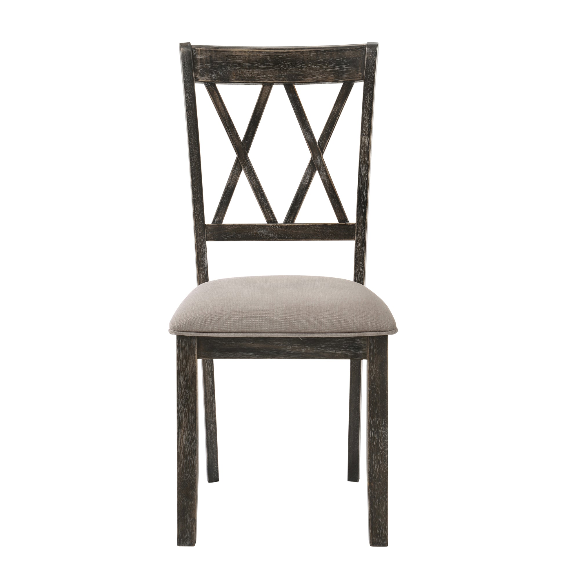 Distressed dark wood dining chair with upholstered seat and Xback design