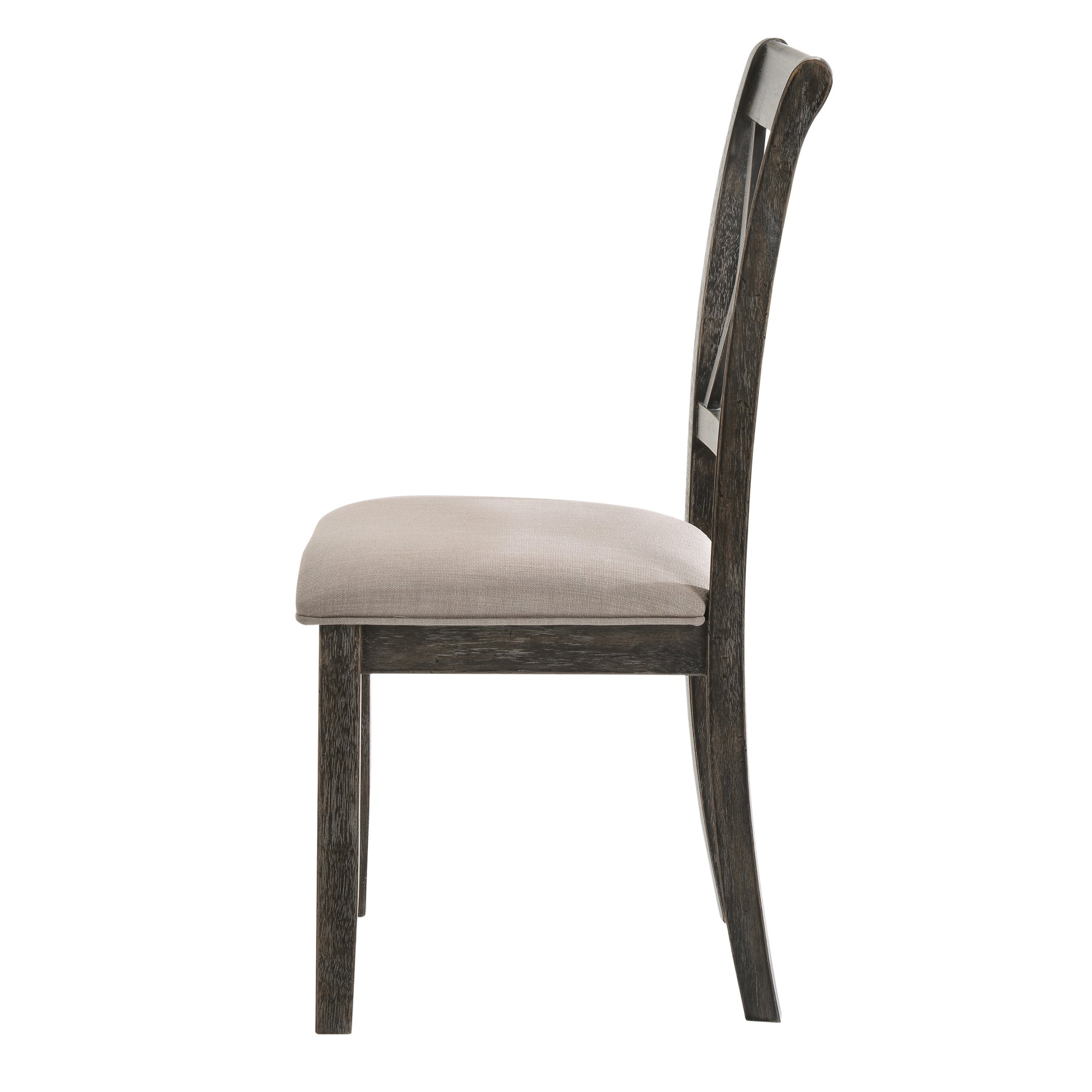 Dark wood dining chair with upholstered beige seat from side view