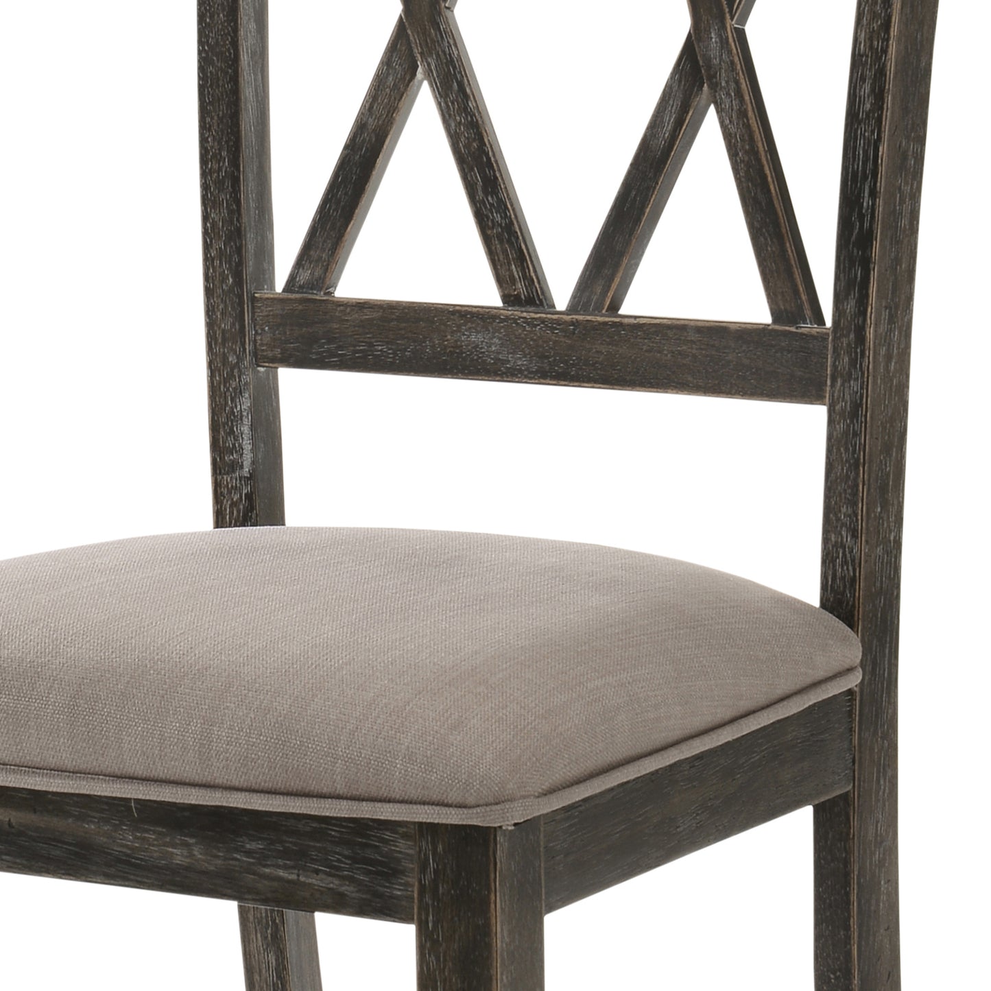 Dark distressed wood dining chair with a grey upholstered seat and Xback design
