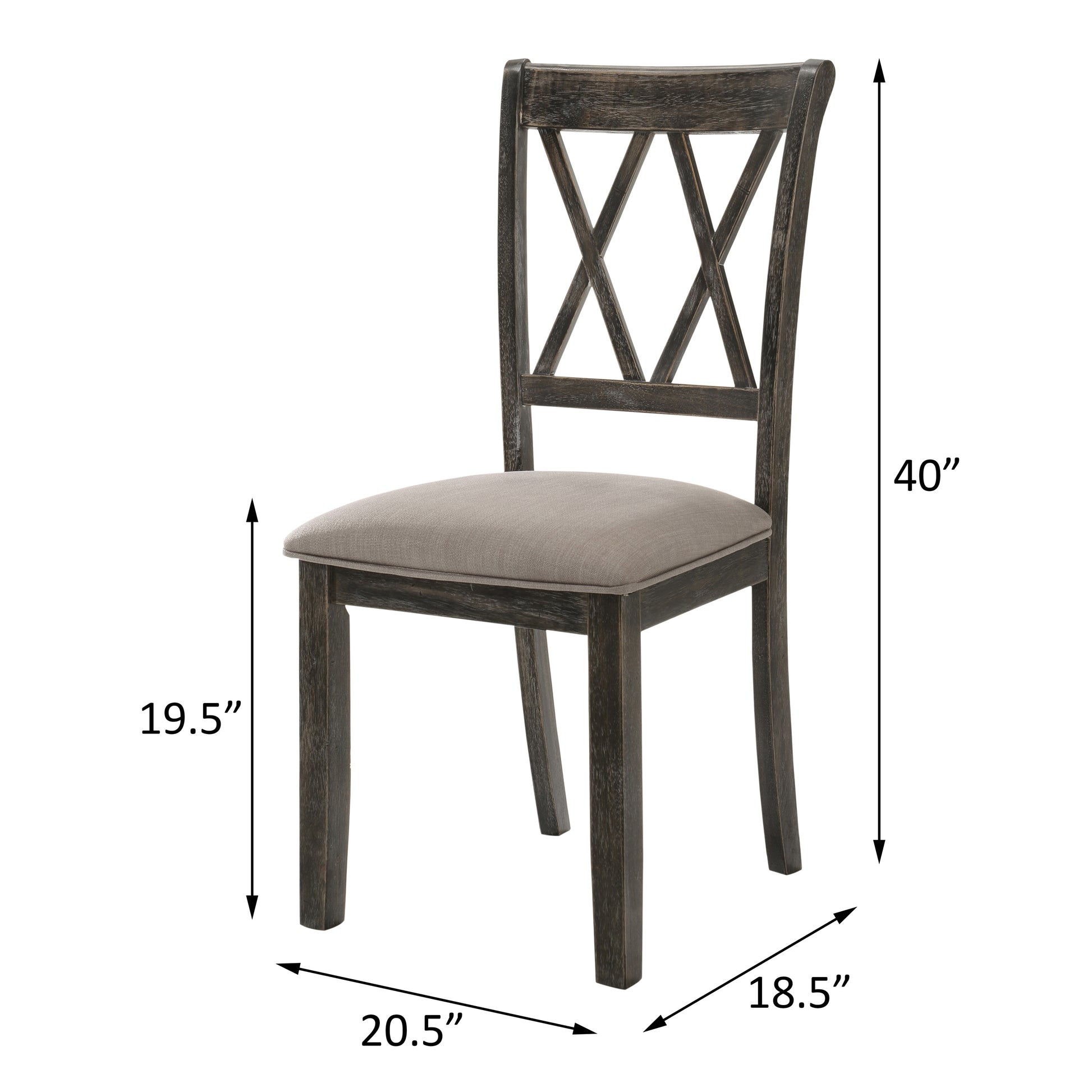 Distressed dark wood dining chair with a grey upholstered seat and X back detail
