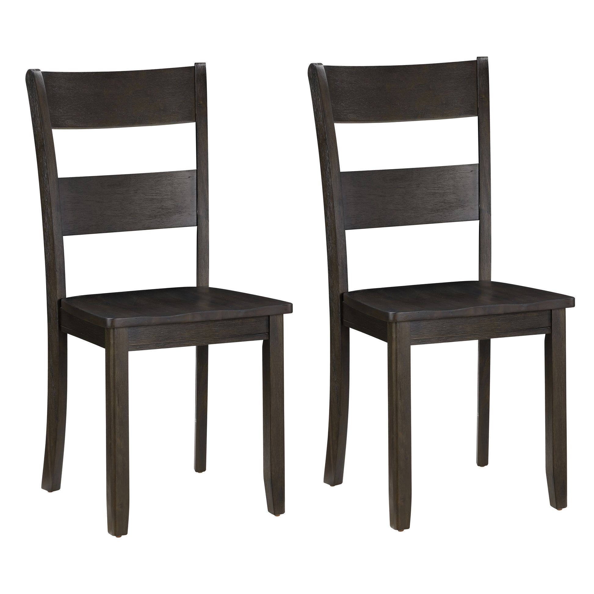 Two dark brown wooden dining chairs with horizontal slats on the back