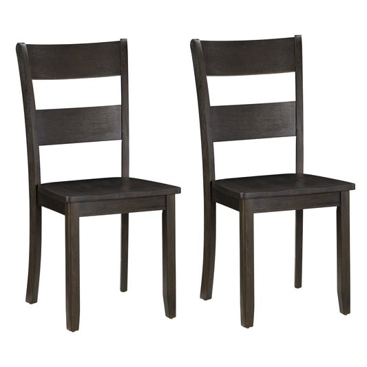 Two dark brown wooden dining chairs with horizontal slats on the back