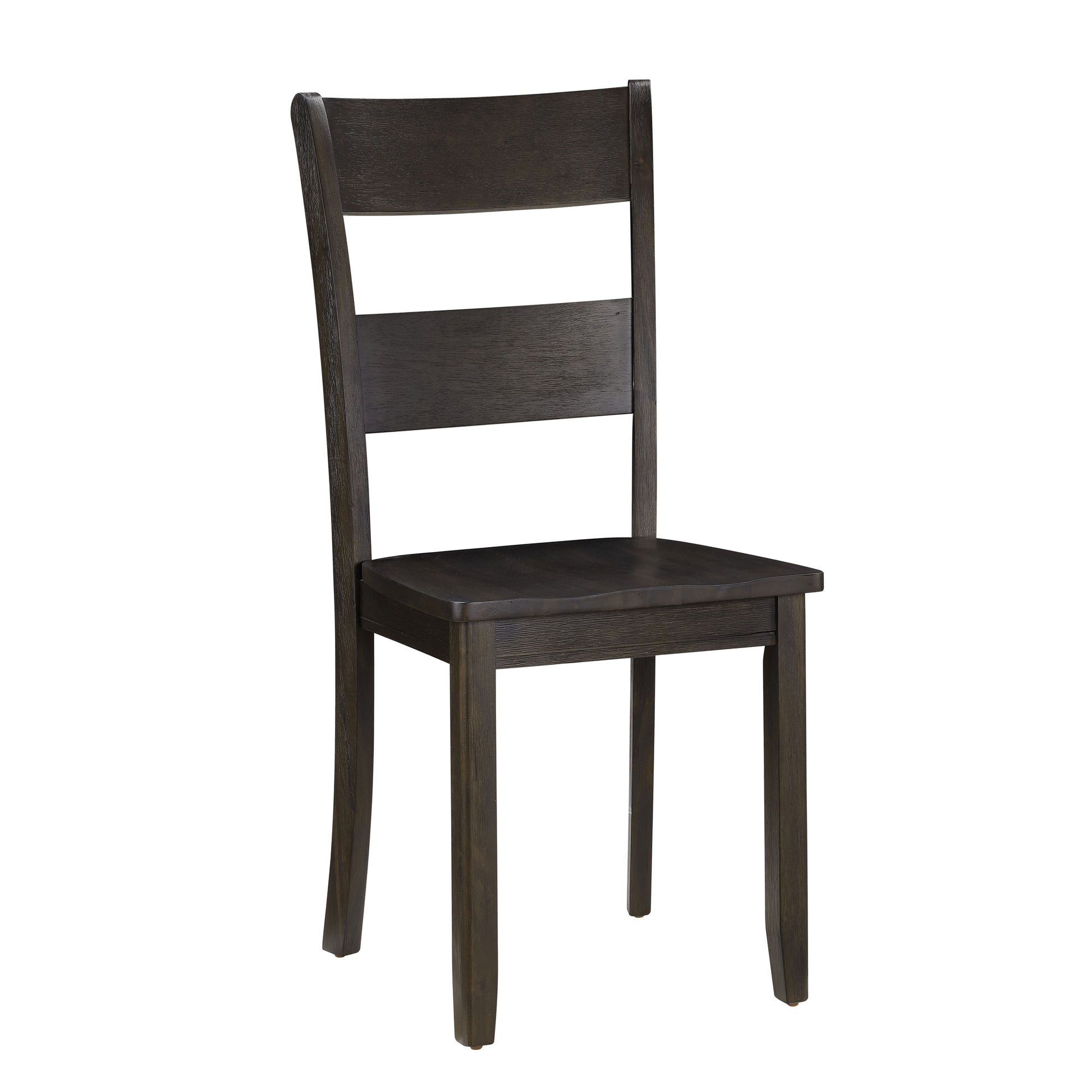 Dark oak dining chair with slatted back and gently curved seat for comfortable seating