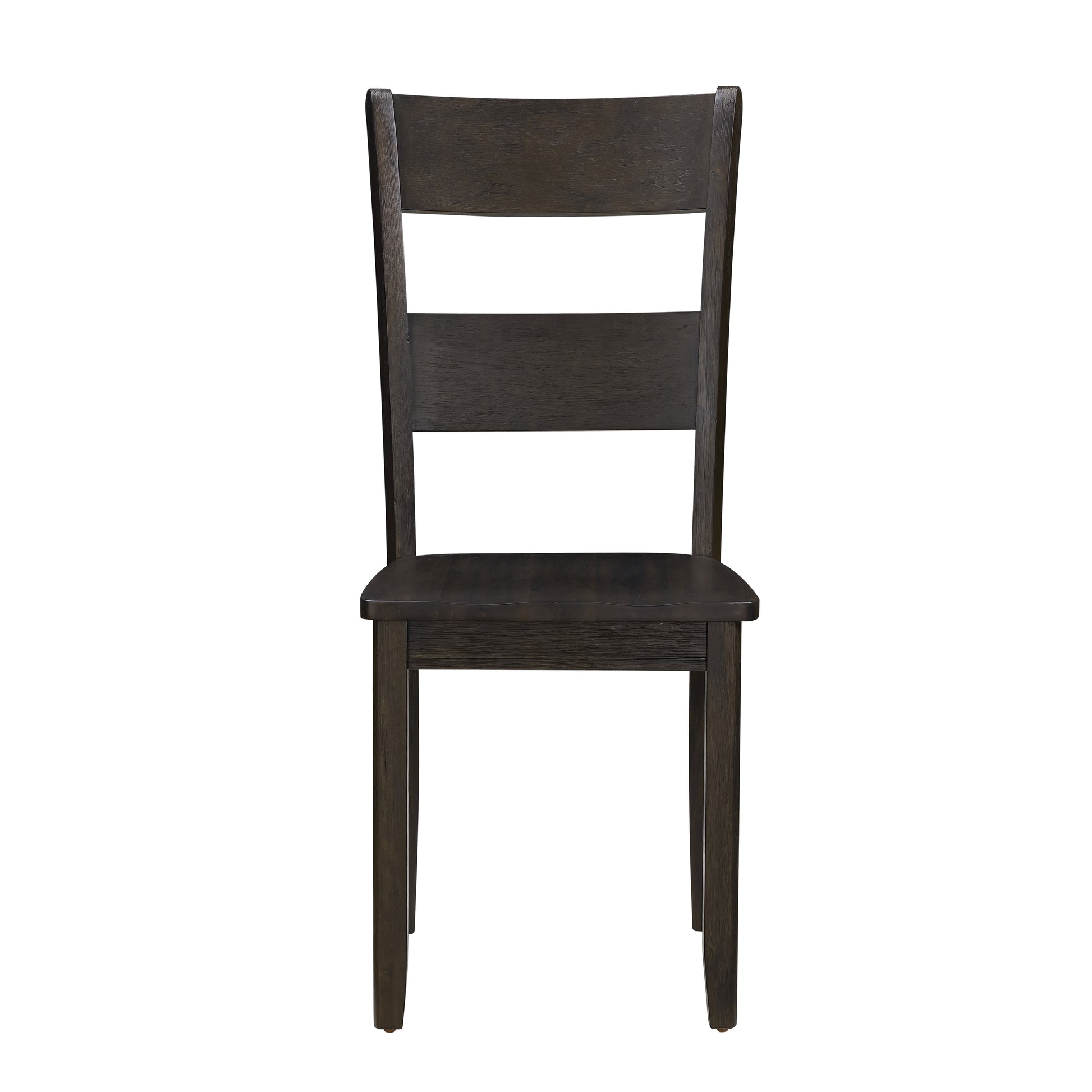 Dark wood dining chair with three horizontal back slats and a solid seat
