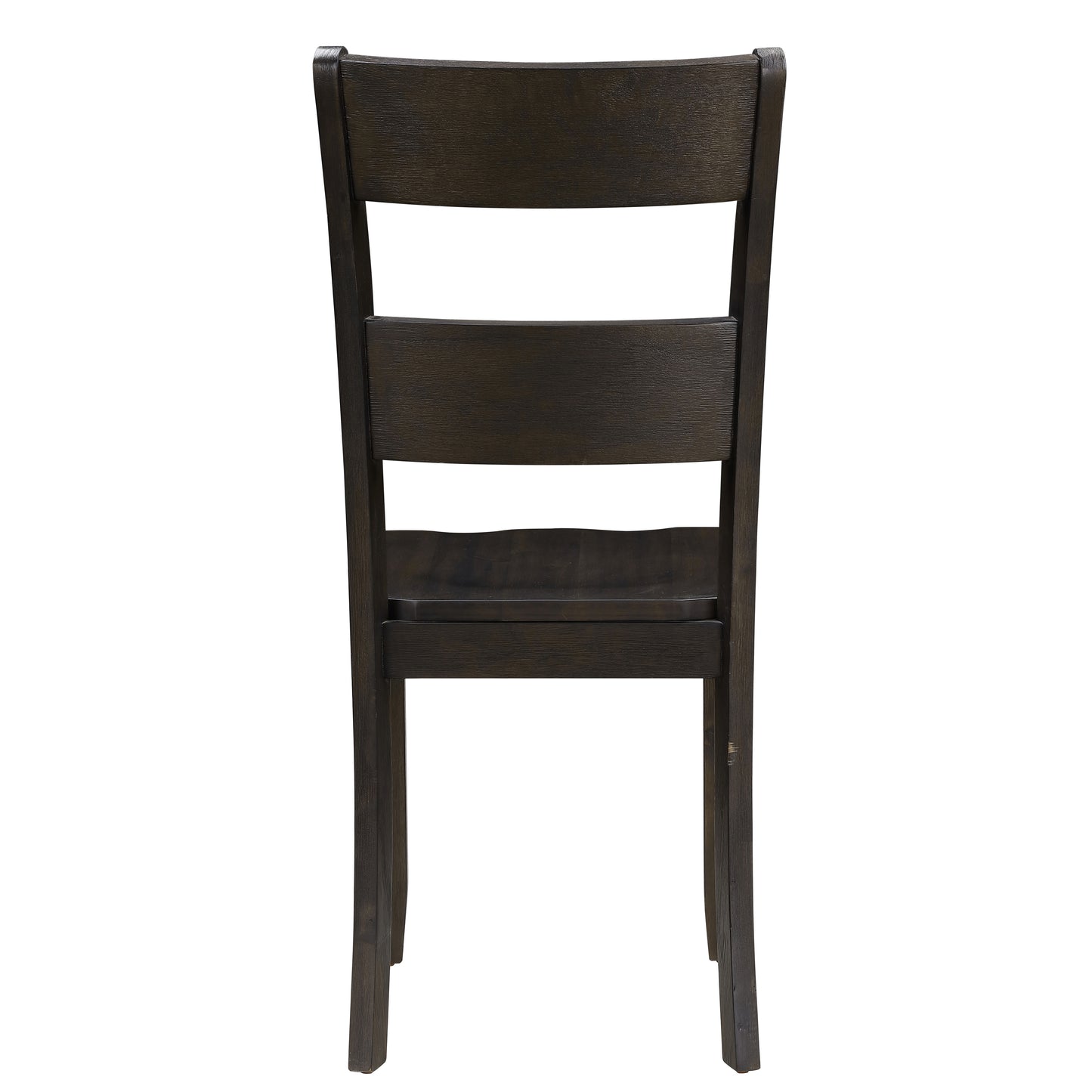 Dark brown wooden dining chair with horizontal back slats and tapered legs