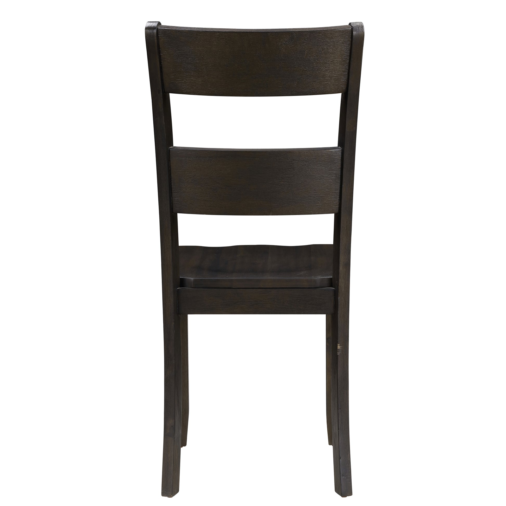 Dark brown wooden dining chair with horizontal back slats and tapered legs