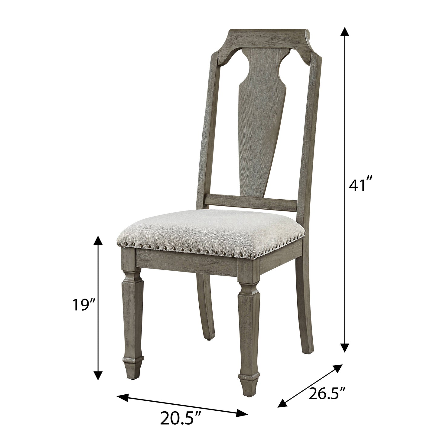 Gray wood dining chair with upholstered seat and decorative back