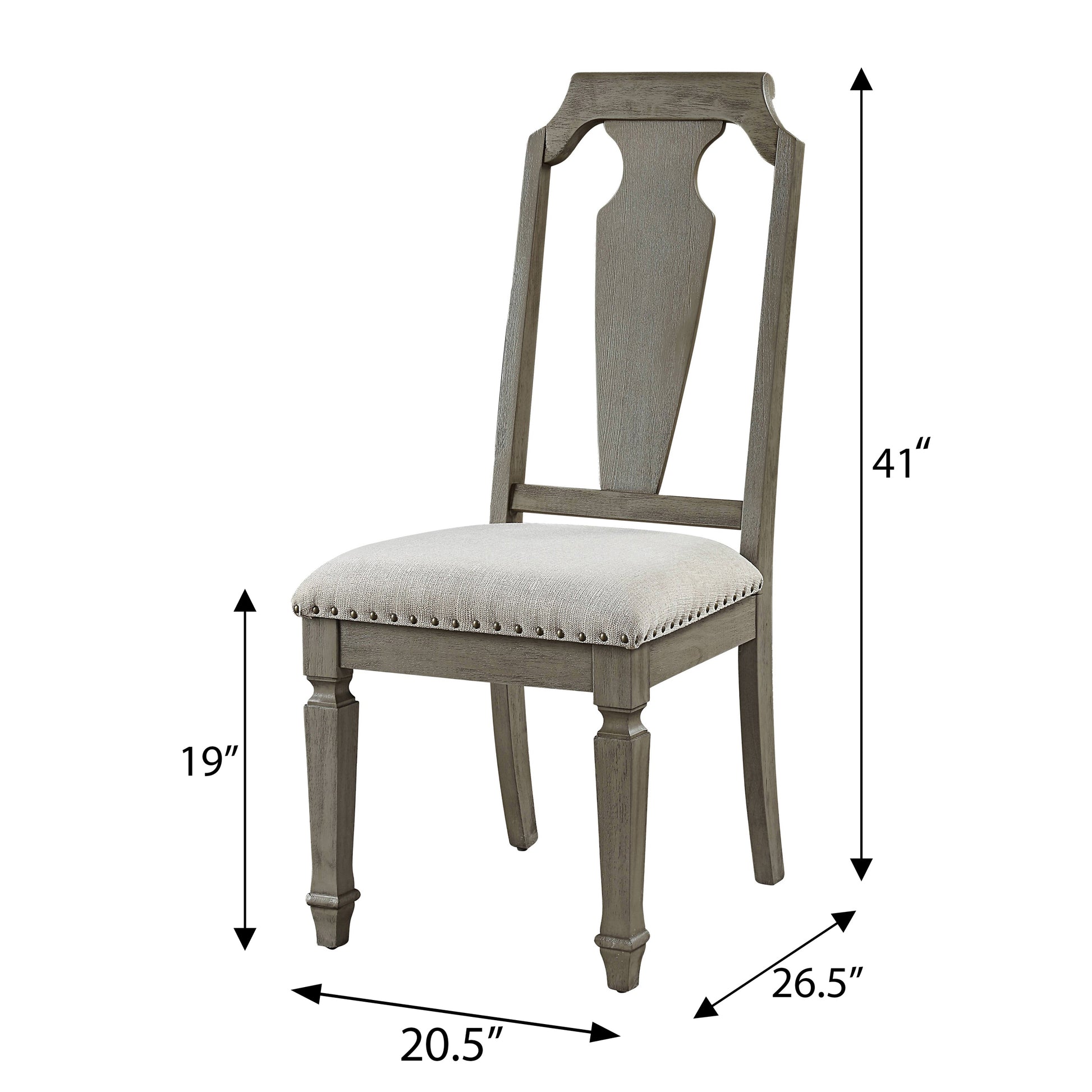 Gray wood dining chair with upholstered seat and decorative back