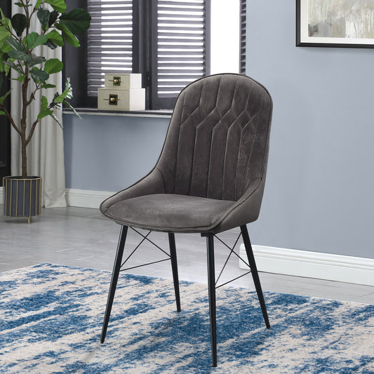 Dark gray velvet accent chair with quilted diamond pattern and black metal legs