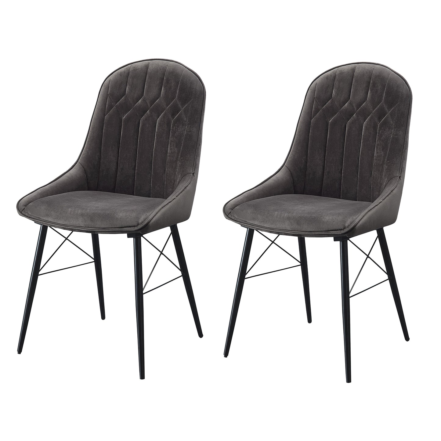 Two upholstered dining chairs in charcoal grey with diamond tufting on backrests and black metal legs