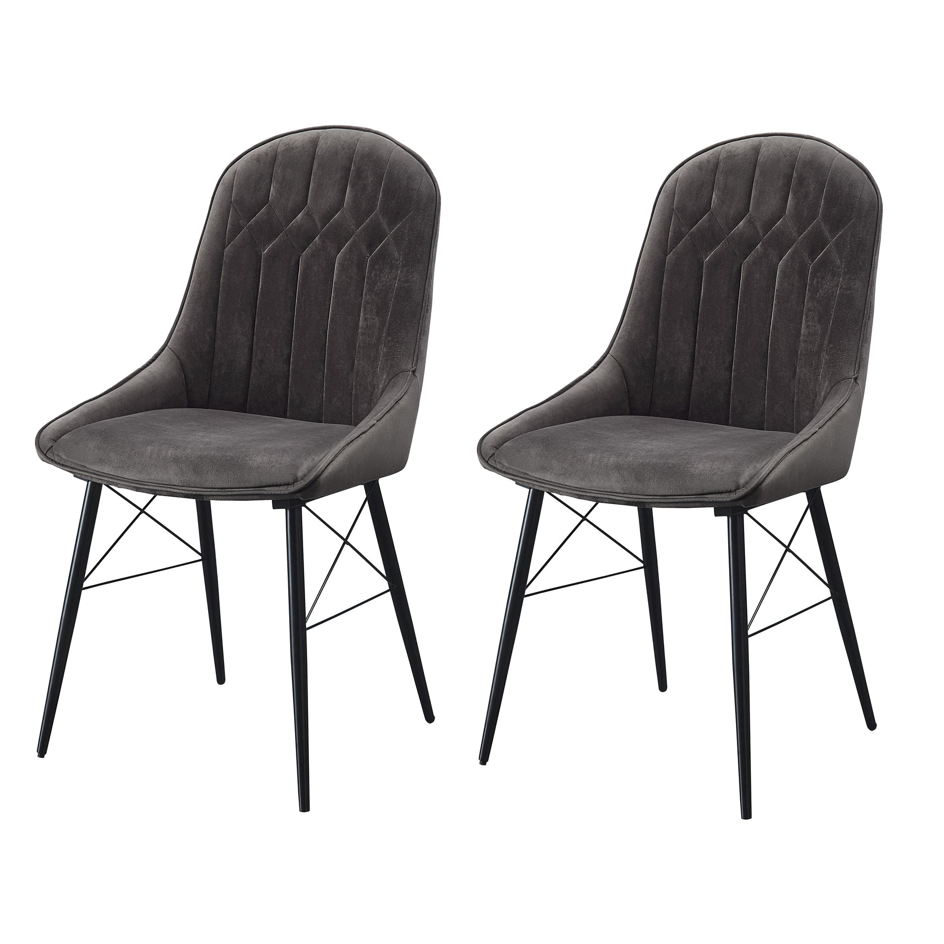 Two upholstered dining chairs in charcoal grey with diamond tufting on backrests and black metal legs