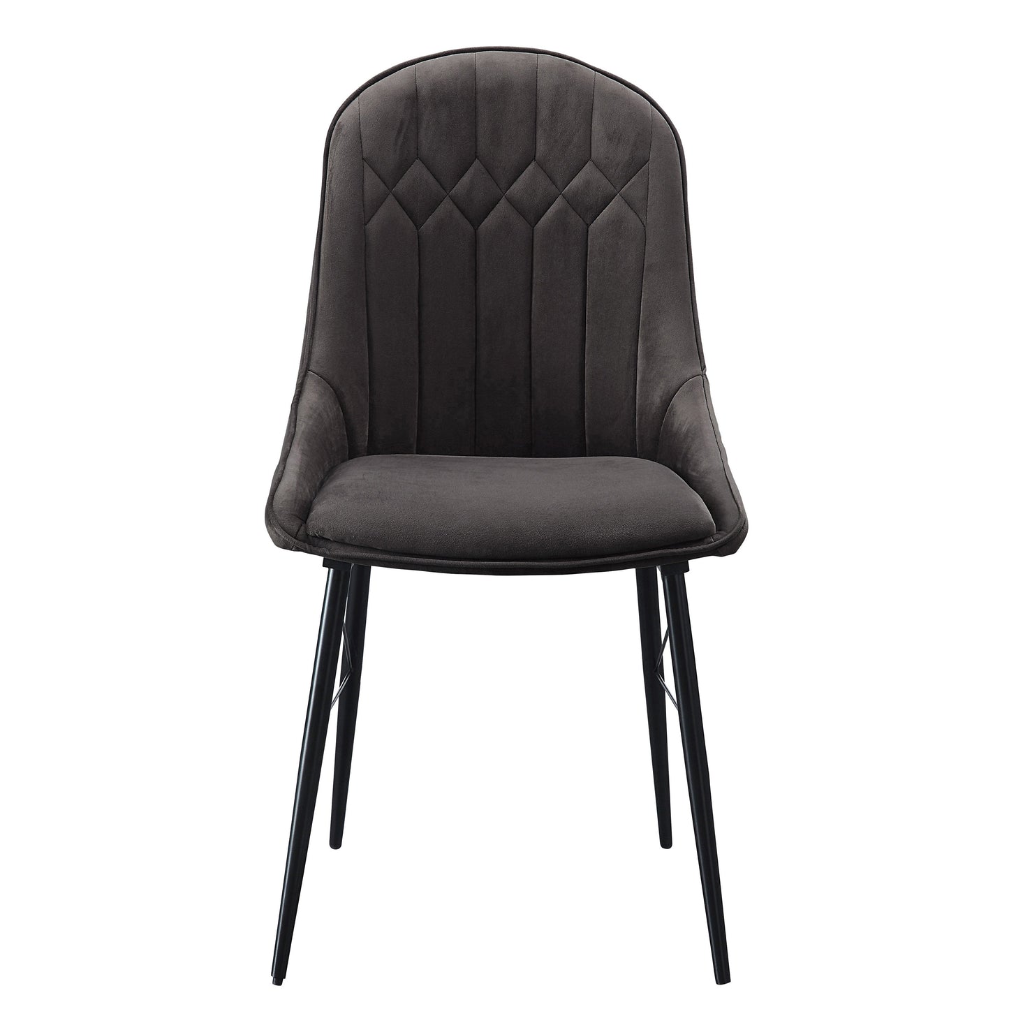 Dark grey velvet dining chair with diamond tufting and black metal legs