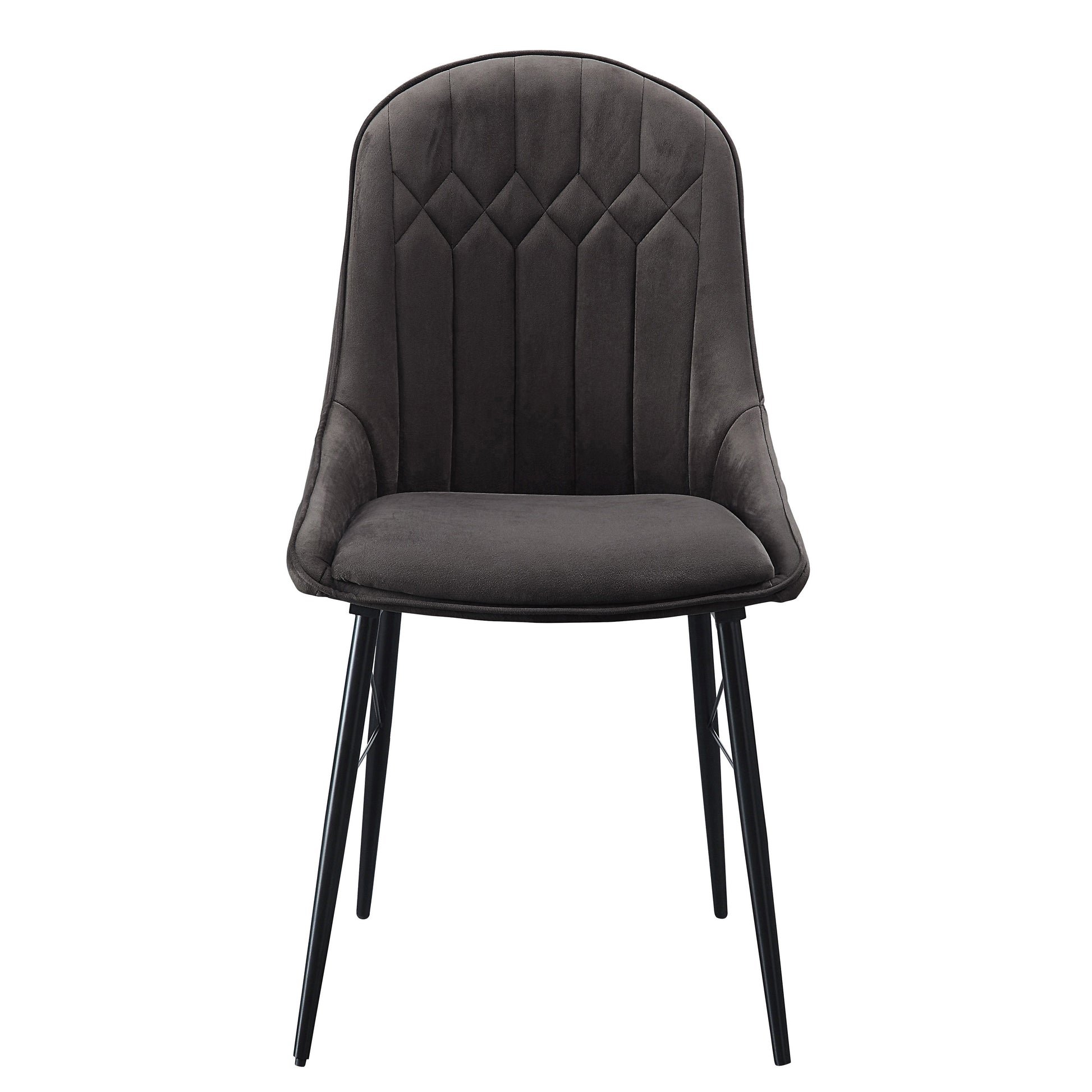 Dark grey velvet dining chair with diamond tufting and black metal legs