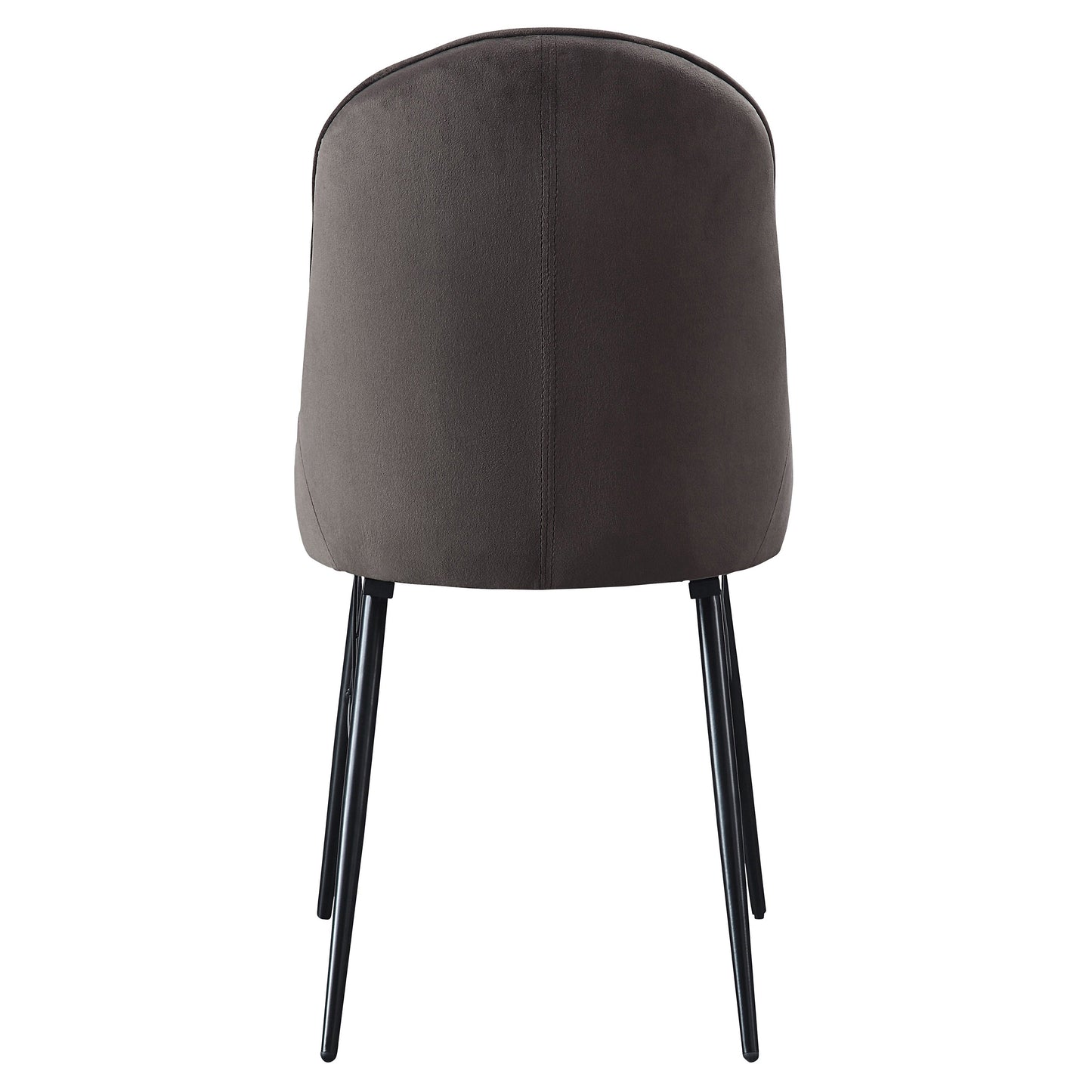 Dark gray velvet dining chair with a curved back and four slender black metal legs