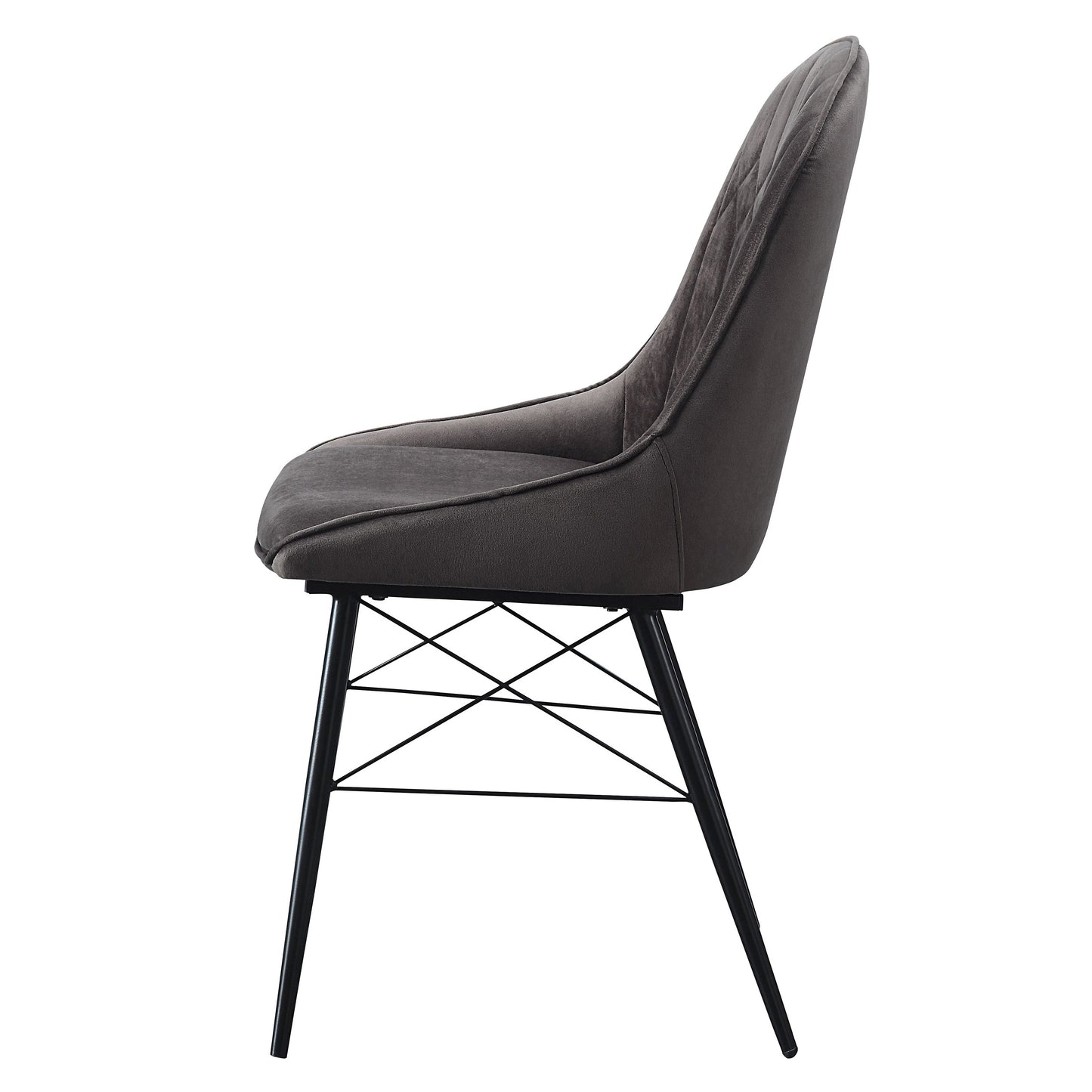 Side view of a dark grey upholstered dining chair with quilted back and black metal legs