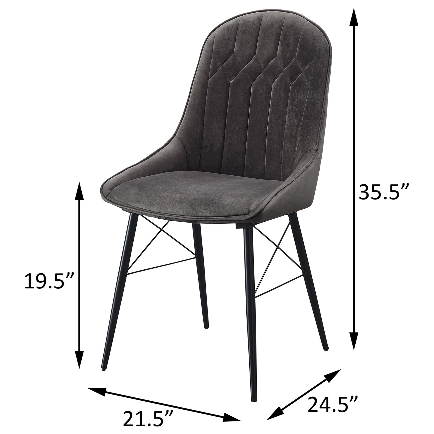 Dark gray velvet accent chair with diamond stitching and black metal legs for modern dining room