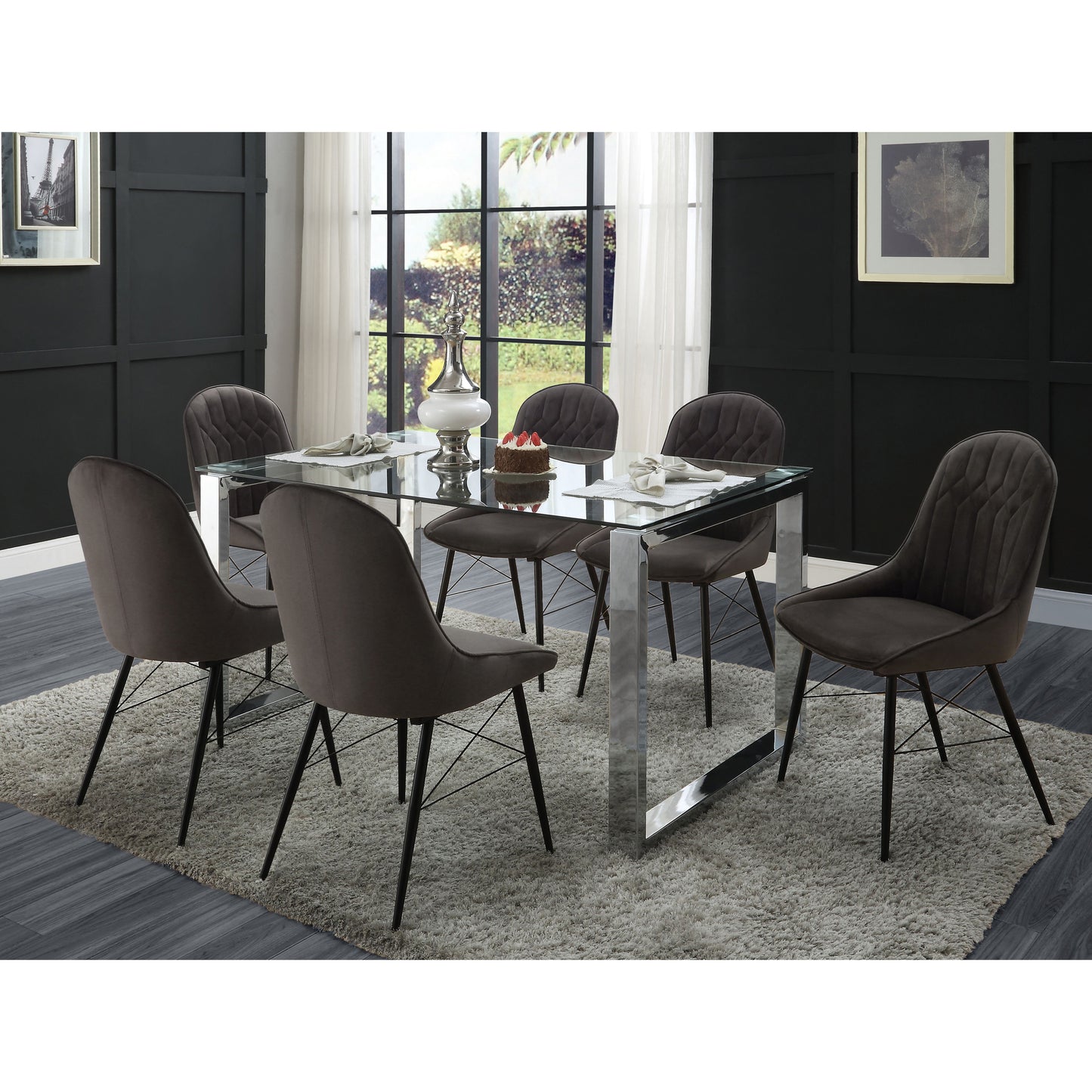 Modern glass dining table with chrome legs and six upholstered chairs