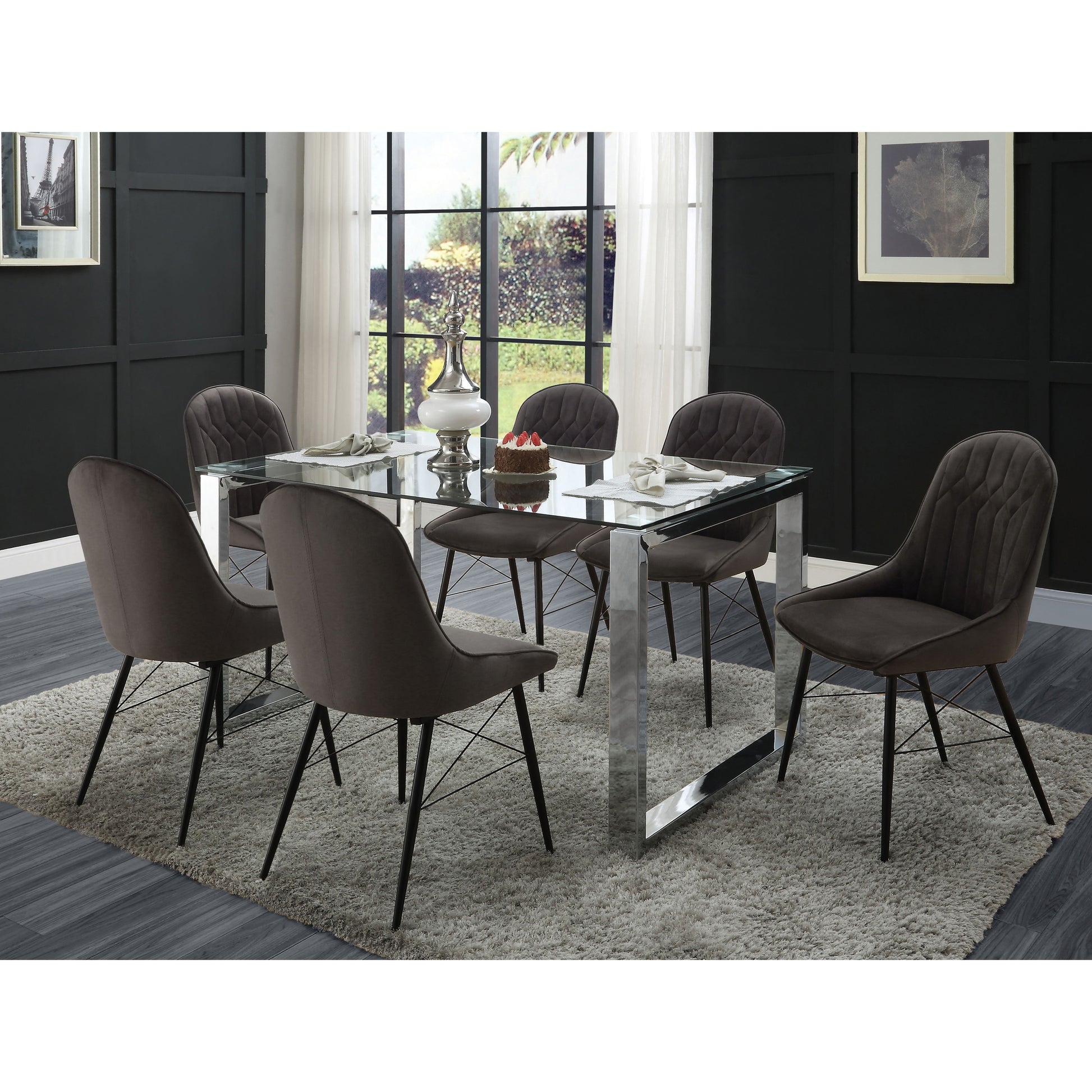 Modern glass dining table with chrome legs and six upholstered chairs