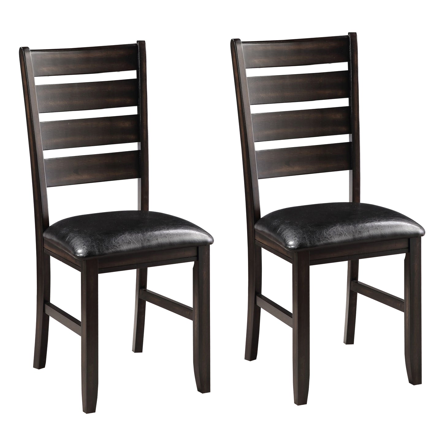 Two dark brown wooden dining chairs with black leather upholstered seats