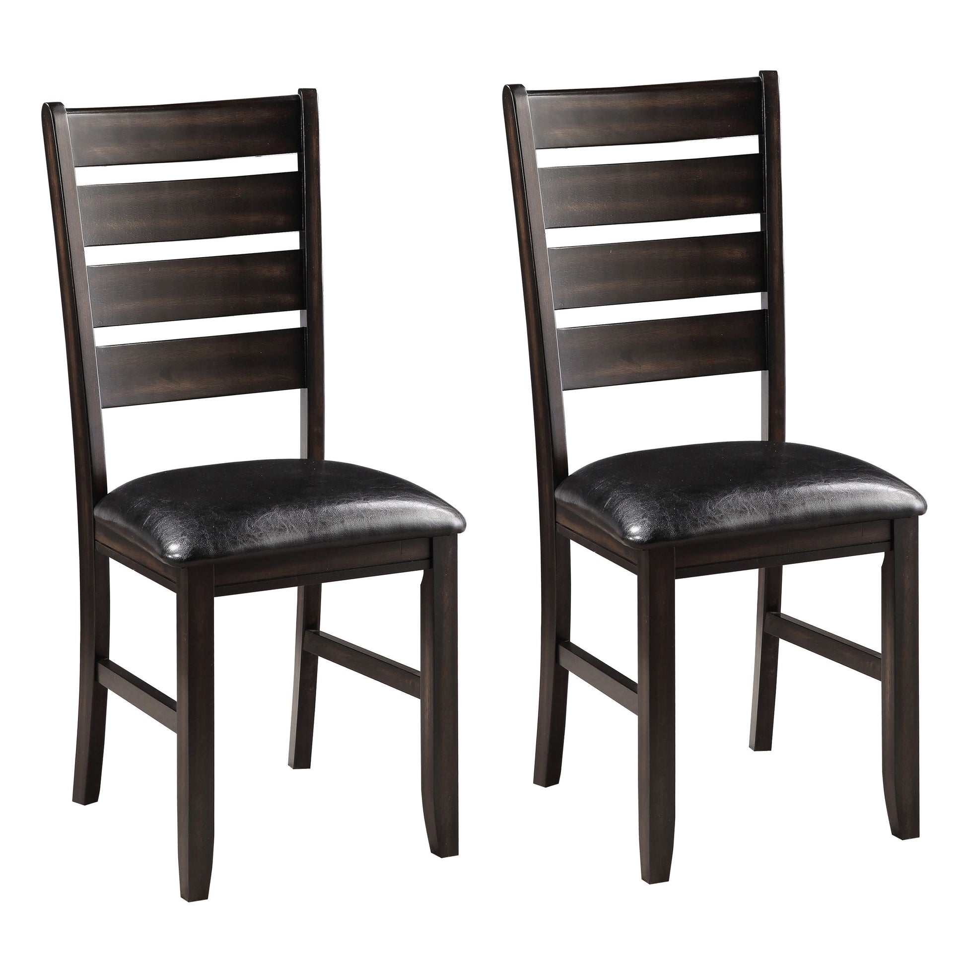 Two dark brown wooden dining chairs with black leather upholstered seats
