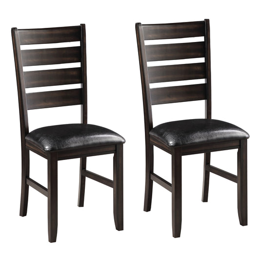 Two dark brown wooden dining chairs with black leather upholstered seats