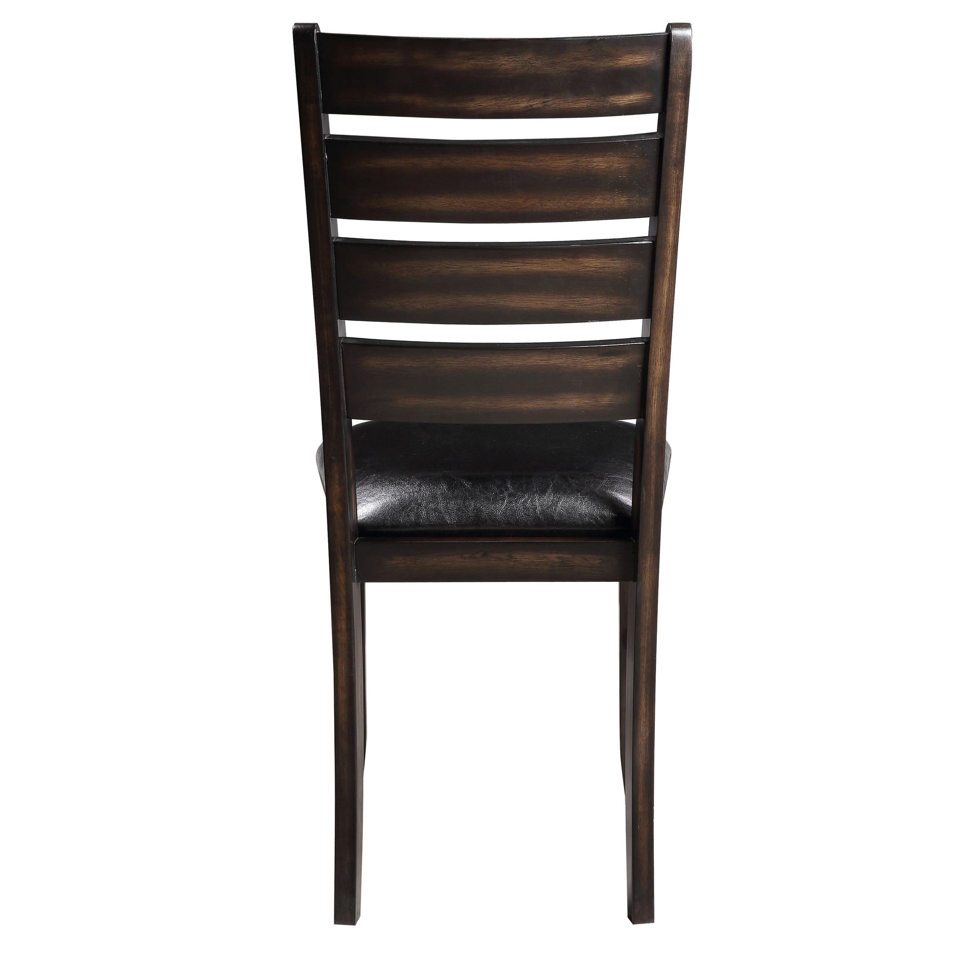 Dark brown wood dining chair with black leather seat and slatted back