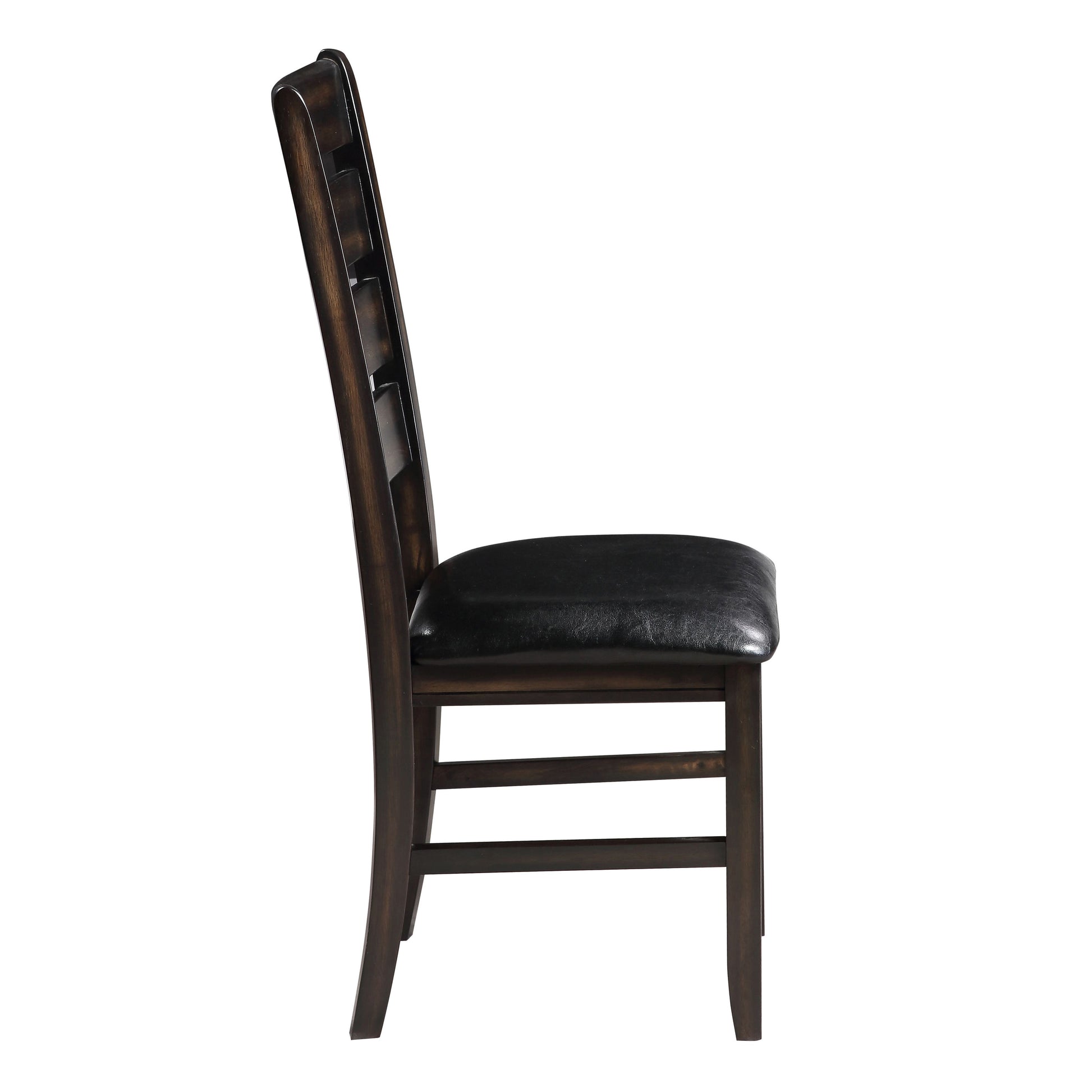 Side view of a dark wood dining chair with a black padded seat