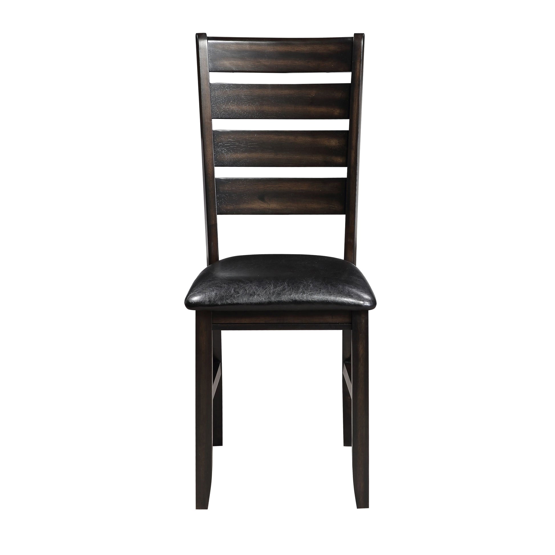 Dark wood dining chair with horizontal slat back and black upholstered seat