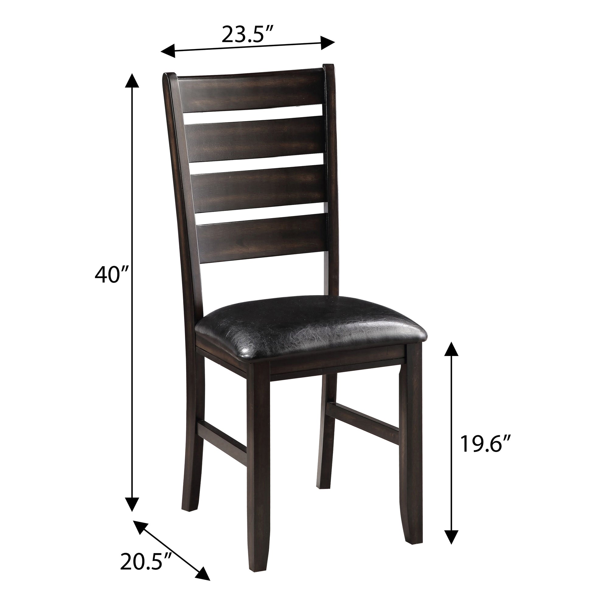Dark wood dining chair with black upholstered seat featuring a slatted back design