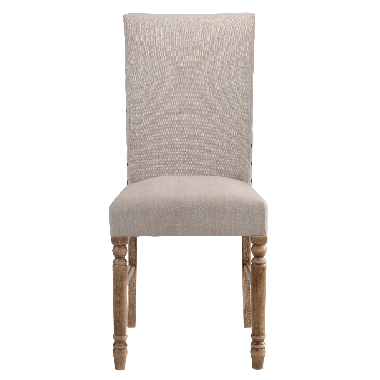Tufted beige linen dining chair with carved wooden legs