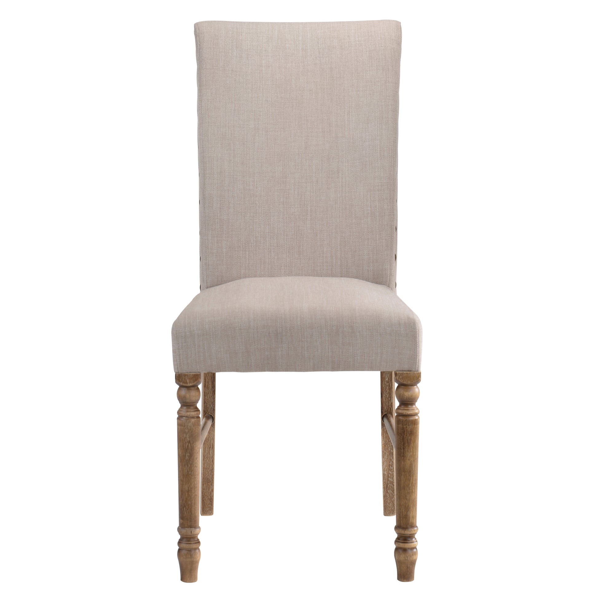 Tufted beige linen dining chair with carved wooden legs