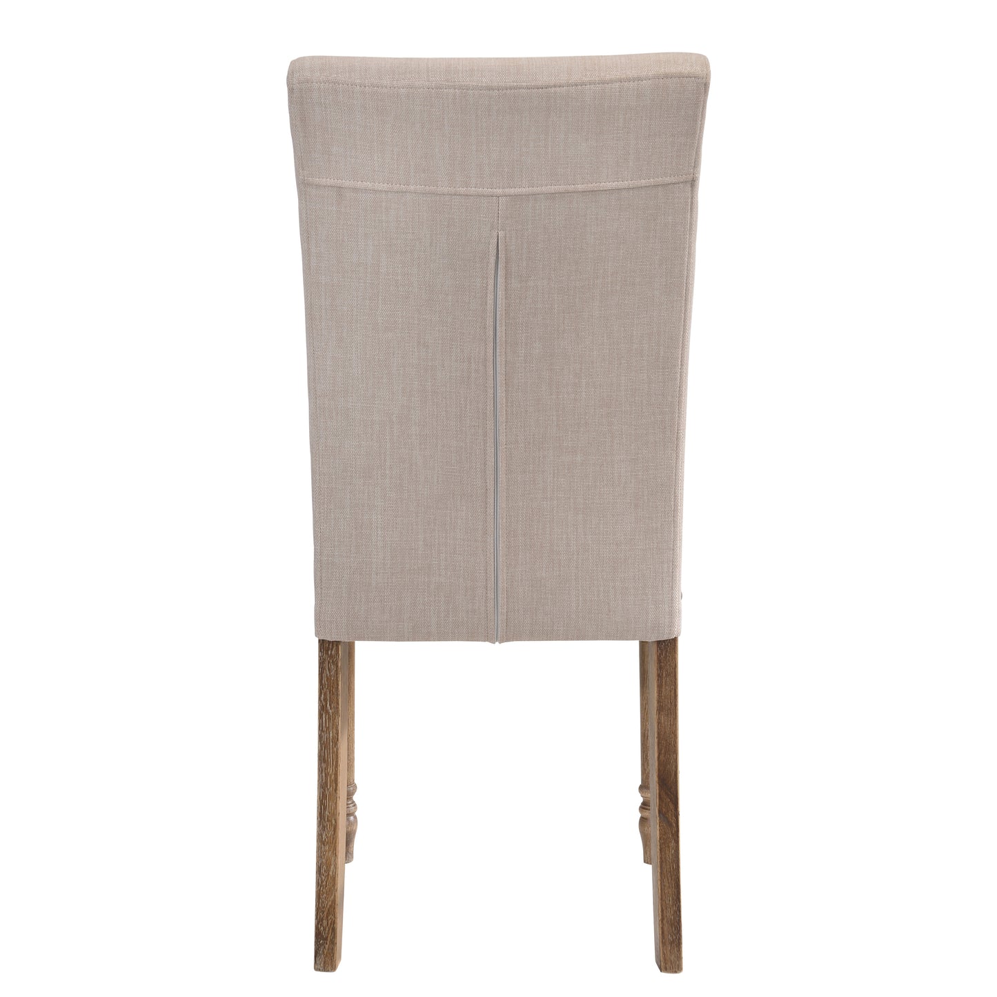 Tufted beige linen dining chair with carved wooden legs back view