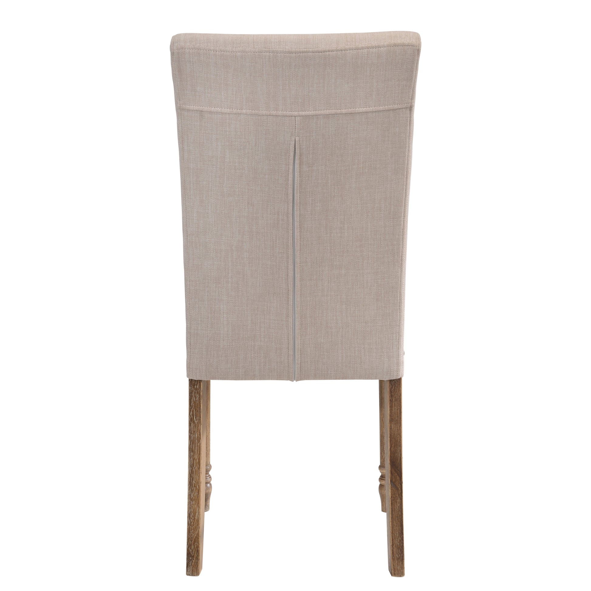 Tufted beige linen dining chair with carved wooden legs back view