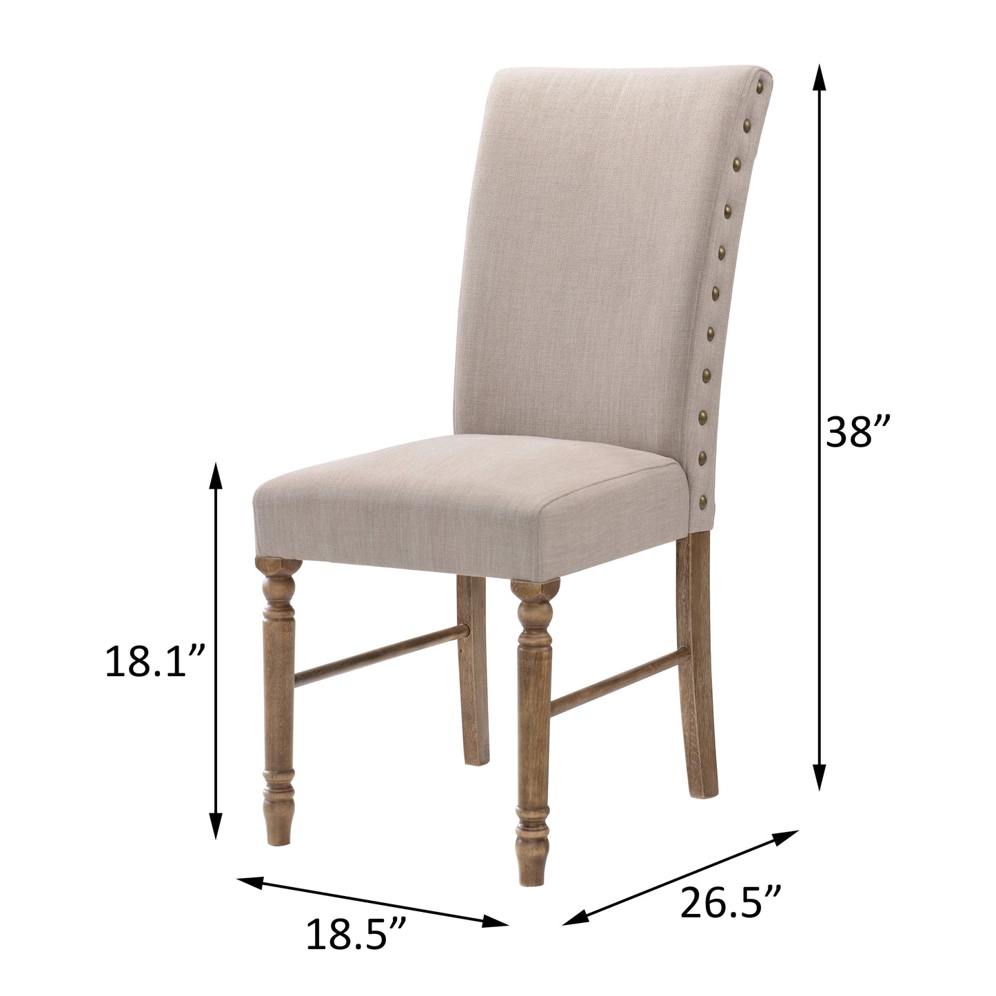 Beige fabric upholstered dining chair with antique brass nailhead trim and turned wood legs