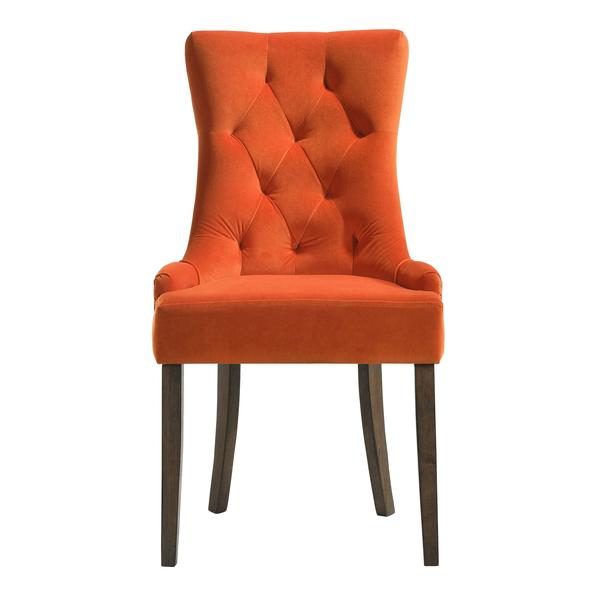 Tufted orange velvet dining chair with dark wood legs