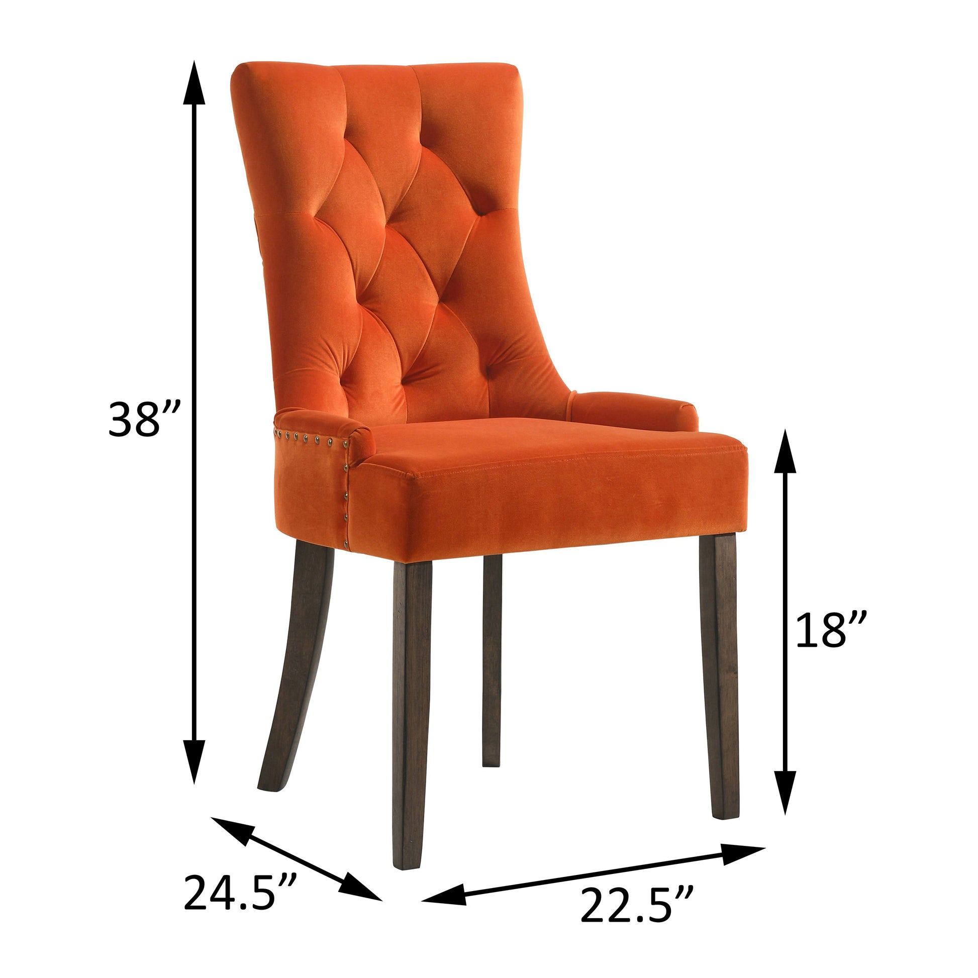 Orange velvet dining chair with tufted back and silver nailhead trim
